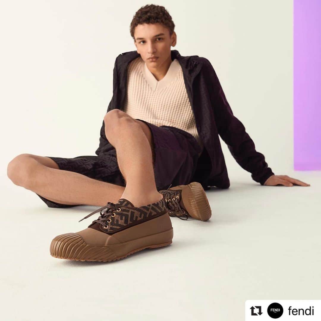 MOONSTARのインスタグラム：「#Repost @fendi ・・・ ・・ Sporty silhouettes, utilitarian touches, and vulcanized rubber technology merge to form an ultra-urban mood in our just-released capsule collection powered by @moonstar_jp. #FendiSS20 #FendiXMoonstar  Creative Director: @SilviaVenturiniFendi  #SilviaVenturiniFendi Model: @br_nk0, @jethrosapon, @weregettingittogo  Stylist: @ganio」