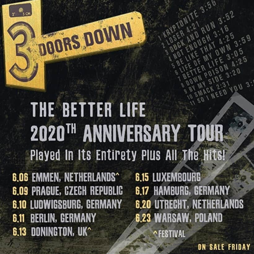 3 Doors Downのインスタグラム：「We’re excited to announce a special trek through Europe celebrating the 20th Anniversary of our debut album “The Better Life.” 2020 marks the 20th anniversary of our debut and for the first time ever, we will play "The Better Life" in its entirety, front to back, along with the rest of our hits.  VIP packages and pre-sale tickets will be available starting Wednesday at 10am local time (Password: TBL2020). General tickets will go on-sale this Friday, February 7th at 10AM local time.  #TheBetterLife2020」