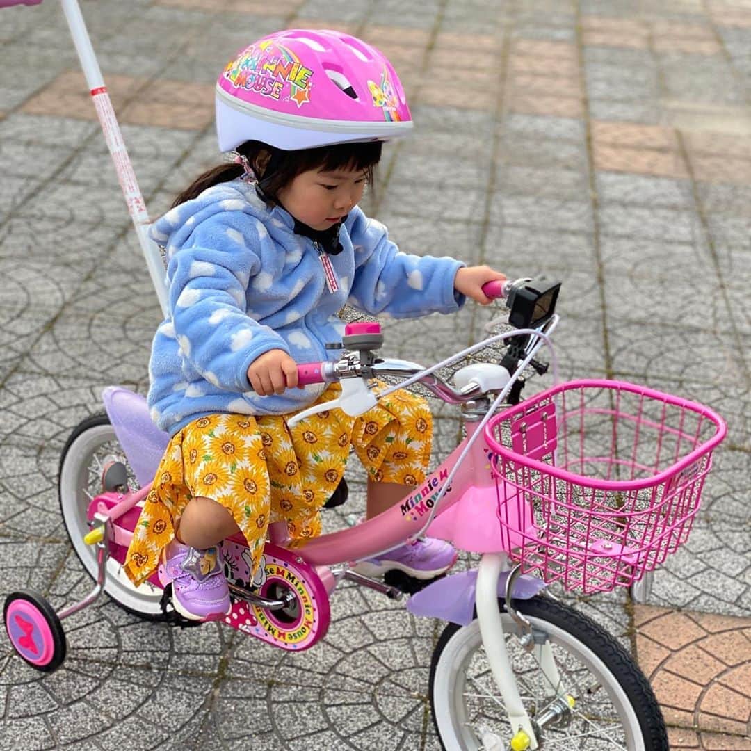 太陽チャンネルのインスタグラム：「らんちゃん、バイセコーでびう🚴 可愛いピンクのミニーちゃん♡ これからぶんぶん乗り回そうね🥺💕 #自転車デビュー  #3歳」