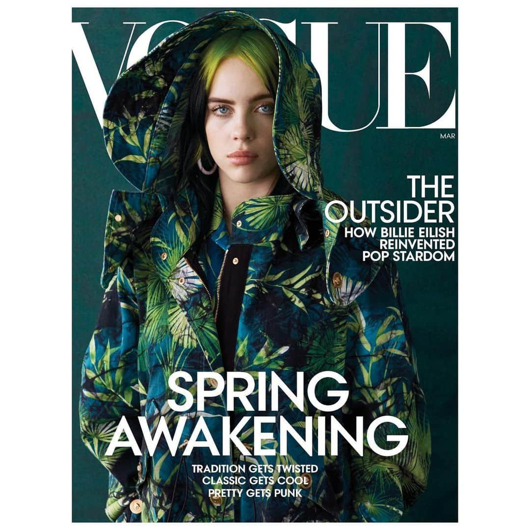 ジャンニヴェルサーチさんのインスタグラム写真 - (ジャンニヴェルサーチInstagram)「@billieeilish featured on the cover of @voguemagazine in a #VersaceSS20 hooded jacket boasting the iconic Jungle print. #VersaceEditorials  _ Cover photographer: @ethanjamesgreen Inside images photographer: @hassanhajjaj_larache Fashion Editor: @alex_jordan_harrington Hair: @hollismithhead & @mustafayanaz Makeup: @farahomidi」2月4日 8時12分 - versace