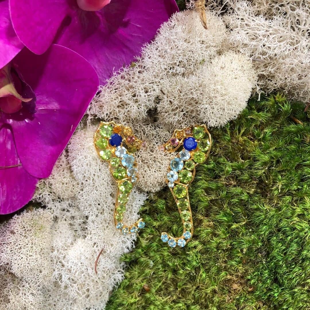 バウンキットさんのインスタグラム写真 - (バウンキットInstagram)「Unique and fun handmade peridot, lapis & tourmaline seahorse earrings. We are confident you will fall in love with this new piece! 🐠⁠ Thank you @creative_displays_inc for letting us use your gorgeous flower wall 💐⁠ ⁠ #bounkitnyc #bounkitjewelry #seahorse #beachlove#peridotstone #tourmalinestone #lapisstone #semiprecious #fundesign #fashiondesigner #oneofakind #convertible #earringsoftheday #ny_now」2月4日 9時01分 - bounkitnyc