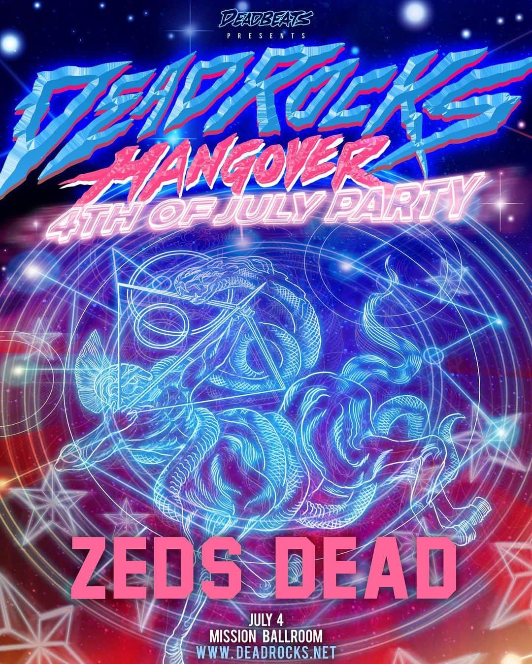 Zeds Deadのインスタグラム：「We were so overwhelmed with the support for this years DeadRocks that we knew we had to do something special for all you Deadbeats. So we're extending the vibe for 1 more night this year with a special Hangover party on July 4th at the Mission Ballroom!  Presale starts Wednesday. Onsale Friday.  Signup now for more info at www.deadrocks.net」