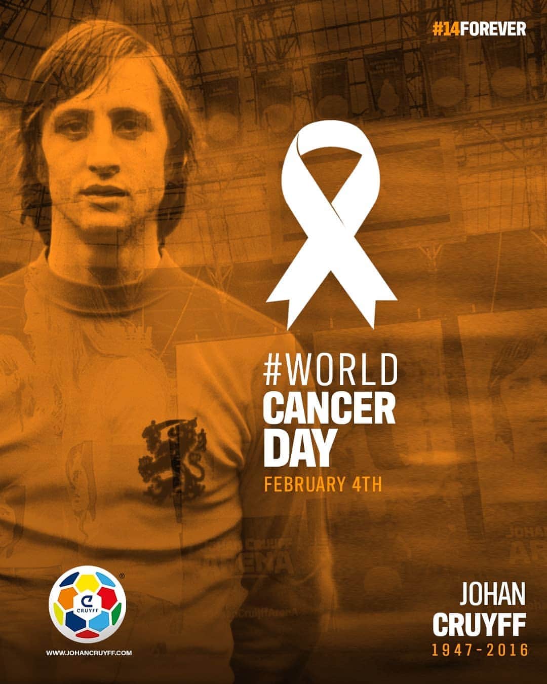 ヨハン・クライフのインスタグラム：「February 4th, a day to remember Johan and raise awareness about cancer. 🎗 ⠀ #WorldCancerDay #14forever #CruyffLegacy」