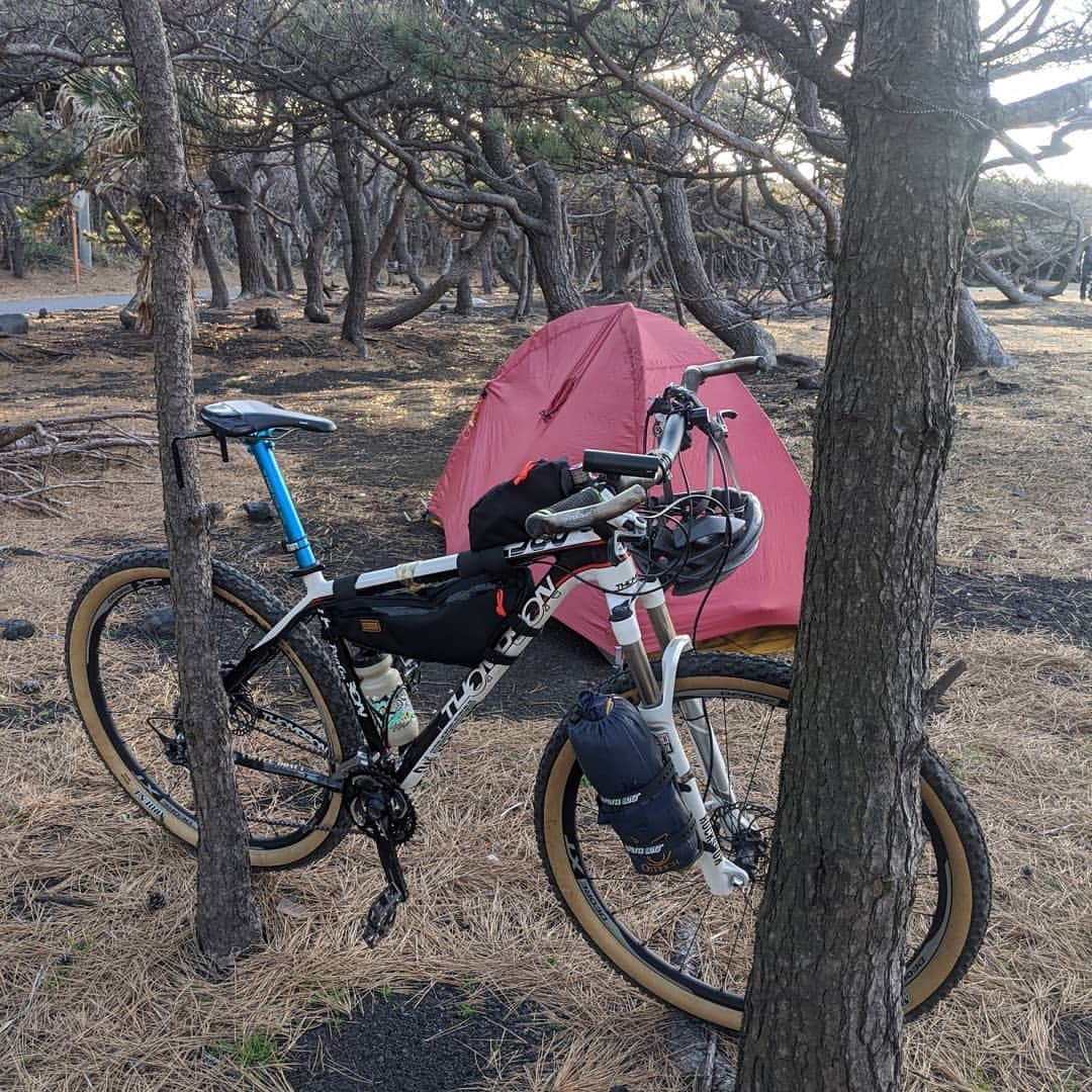 山下晃和さんのインスタグラム写真 - (山下晃和Instagram)「【BIKE&CAMP】MTB、マウンテンバイク。競技の自転車というイメージが強いが、僕は山旅できるという認識  伊豆大島は仕事でも、遊びでも、おそらく50回以上来ていて、（昔CS放送のテレビ番組でも来たね）舗装路はもう見飽きているので、山を楽しみたいし、海を楽しみたい。 そうなると、ロードバイクでは走れない場所が多過ぎるため、MTBがマッチ  フロント3枚✕リア9枚の27Sはもはや旧いモノだけど、機材は関係ない。フロントサスペンションと太いタイヤさえあれば。  旅費は、島島切符という安いチケット。往復8900円くらいの船が今なら往復4000円。半額以下。船輪行代も無料。  トウシキキャンプ場も電話予約すれば無料。他にかかったのは飲食代のみ。  美味しい梵天の羽根付たい焼き（羽根付過ぎて2匹に見える）、島寿司、しらす丼など、食にお金をかけられる  自転車も旅もお金かけないで、遊ぶ方法を知っているか、いないか。それだけ。  青い海、オレンジ色の夕焼け、フカフカのナンガ寝袋、満天の星空、波が岩に当たる音、黄色くて湿った芝生の匂い、海沿いの絶景ダート、森の中のシングルトレイル、葉っぱの踏む音、鳥の鳴き声、フェリーのエンジン音。  #旅してますか？  #keenambassador #KEENJAPAN  #travelbybike  #bikeandcamp  #knobbytire #mountain #seaside #gravel #グラベル #トレイル #CAMP #キャンプ #ソロキャンプ #冬キャン #旅の予算6000円くらい #Japan #okataport #bikecamping」2月4日 9時49分 - travel_akikazoo