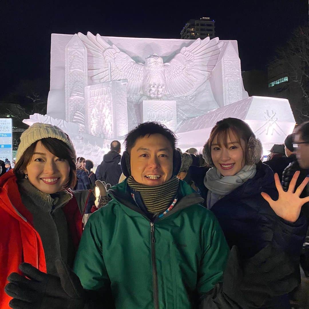 のインスタグラム：「森アナウンサーと お天気チームで雪まつり中継！  #HTB #イチオシ #お天気 #さっぽろ雪まつり #大通会場 #8丁目 #雪のHTB広場 #大雪像 #ウポポイ #プロジェクションマッピング #onちゃん #森さやか #初コラボ #気象予報士 #神田昭一 #渡辺菜月」