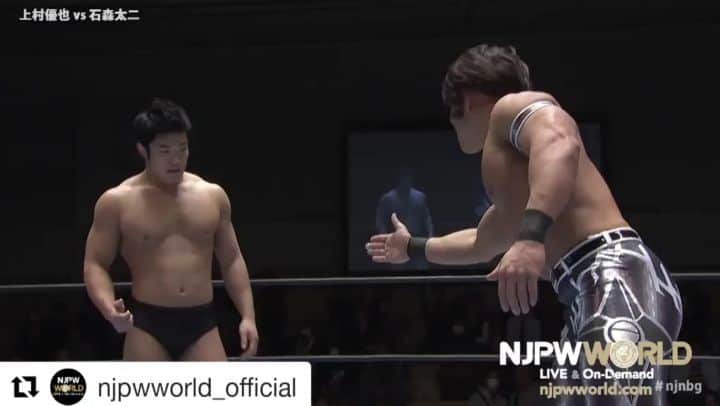 のインスタグラム：「#Repost @njpwworld_official (@get_repost) ・・・ 2ND MATCH: Yuya Uemura vs. @taijiishimori!! Watch on New Japan World▶︎ https://njpwworld.com  #njpw #njpwworld #njnbg」