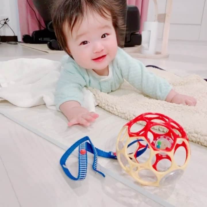 しほの涼のインスタグラム：「#ずり這い　頑張っていますが、電池切れしちゃいます😂😂💕 ボールを取りたい気持ちと、声援に笑顔な所がたまらん。 #生後6ヶ月半#生後6ヶ月女の子 #生後6ヶ月ベビー #令和ベビー#赤ちゃん#赤ちゃんのいる生活#赤ちゃんのいる暮らし」