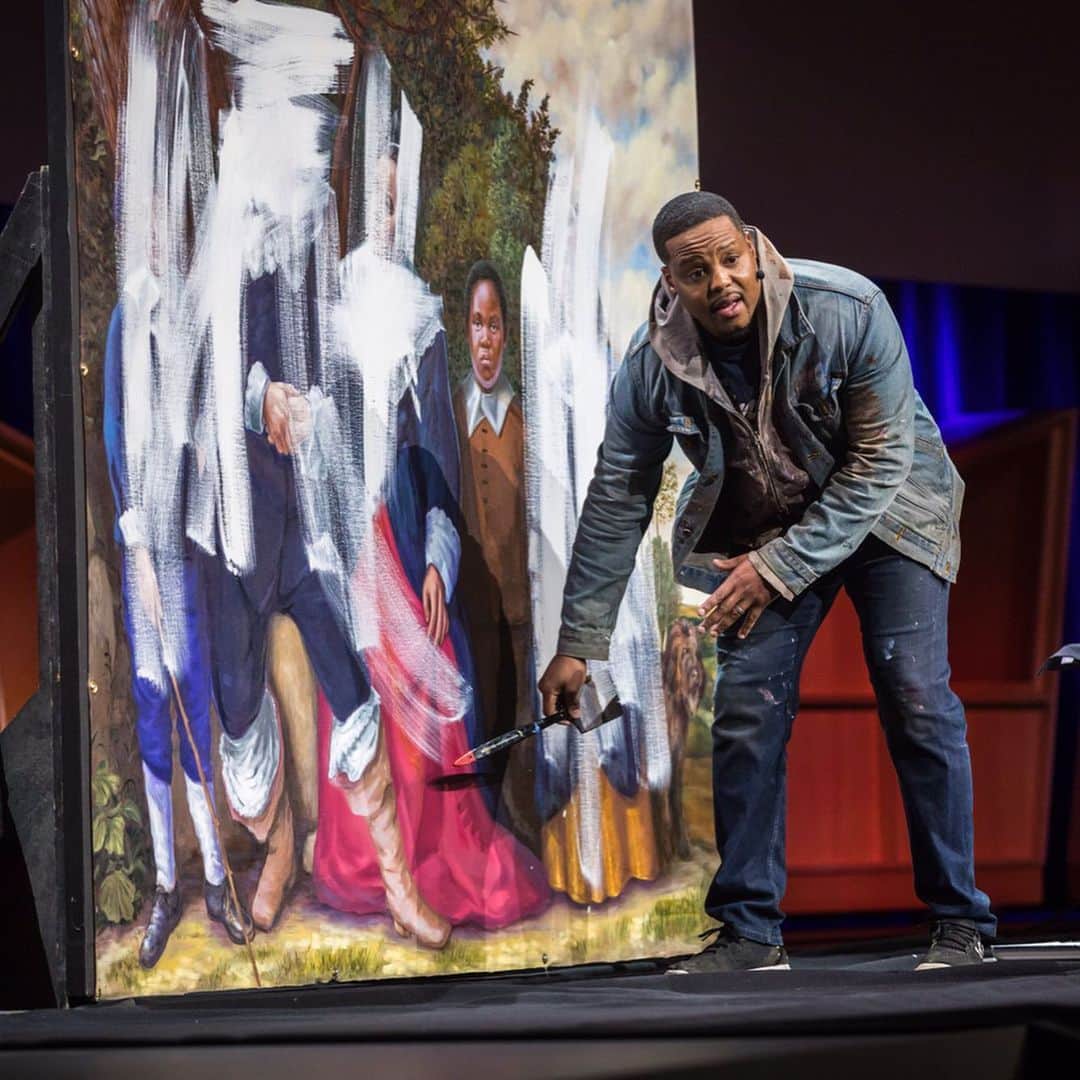TED Talksのインスタグラム：「Artist Titus Kaphar taught himself how to paint by going to museums and studying historical paintings. Eventually he began making replicas, like the one shown above, which he alters in order to bring obscured, hidden, or completely absent Black characters to the foreground. His aim isn’t to erase the past, though, only to challenge how we remember history through art. “I can find out more about the lace that the woman is wearing in this painting than I can about this character here, about his dreams, about his hopes,” he says. “What is the impact of these kinds of paintings on some of our most vulnerable in society, seeing these kinds of depictions of themselves all the time? I'm not saying erase it. We can't erase this history. It's real. We have to know it.” Swipe to see Kaphar’s finished piece from TED2017, as well as the original painting by Frans Hals. Watch him complete the painting in his full TED talk, which explains how art can amend history, at the link in our bio. #BlackHistoryMonth [Frans Hals painting: Museo Thyssen-Bornemisza]」