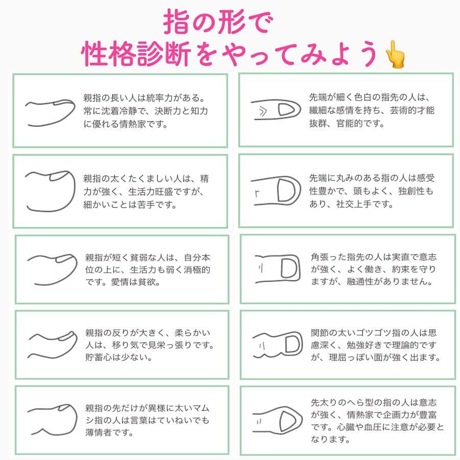 笑顔をリフォームする@健康小顔職人さんのインスタグラム写真 - (笑顔をリフォームする@健康小顔職人Instagram)「． 皆さんの指の形や長さで性格診断👆 ． お友達やパートナー、ご家族の皆様で楽しんでくださいね！ ． ． 幸せな笑顔が世界中に沢山溢れますように🌈✨ ． ． 💆🏻‍♀️心美体を整える「小顔整顔トリートメント」 👰ブライダル小顔🤰マタニティ小顔＆足リフレ ♨️代謝を上げる「Hot&Coldストーンリンパマッサージ」 ご予約はプロフ🔗→HP→予約サイトへ！ ． ． ✨気を整えて心と体を健康に！チャクラエネルギーセラピー ※Hペッパー等の予約サイトからは予約できません。ご予約は必ずホームページからお願いします(プロフ🔗) ． ． 💟あなたも小顔職人になれる👍 小顔職人養成スクール！スクール生募集中！詳細・お申込はプロフ→HP→小顔養成スクールへ！ ． ． 🍀小顔職人が作ったリフトアップクリーム&ボタニカルオイルを紹介！更に小顔や美容を解説！ @happy_cosme_kogaoshokunin ． ． #親指 #人差し指 #指の長さで性格診断 #面白性格診断 #面白占い  #幸せはいつも自分が連れてくる #笑顔は世界を明るくする #皆んなでハッピーになろう #自分を愛そう #世界が愛で溢れますように #自然治癒力は素晴らしい  #健康な小顔になろう #体温を上げて代謝を上げよう #心身共に整ってこそ美容 #笑顔をリフォームする小顔職人 #いつもご覧頂きありがとうございます」2月6日 8時13分 - kogao_shokunin