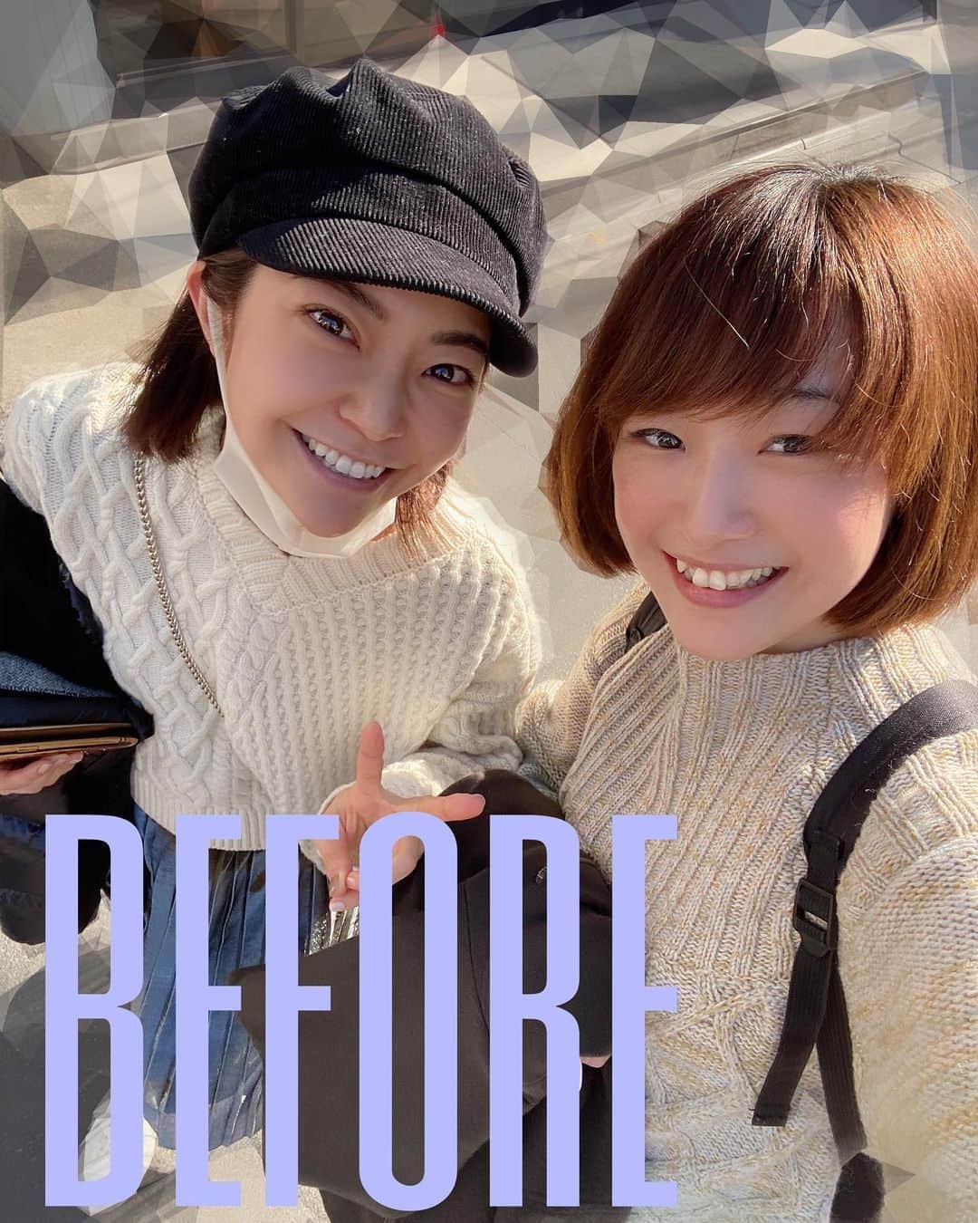 寺崎裕香のインスタグラム：「ランチを終えて、いざ美容院へ！  私こっちなんだー！ あ、私もこっちー！  ここ真っ直ぐ！ うん、私もここ真っ直ぐー！  ここ曲がるのー！ え、私もここ曲がるんだけど！？ え、え、え？！ と言いながら 道を進み。  お互い長年通っていた美容院が、目と鼻の先にある事が判明。笑  めっちゃ驚いたし、めっちゃ笑った。  まりやとは付き合い長いけど知らない事もまだまだあるんやなぁ(#^.^#) なので、せっかくだから before→after を一緒に撮ってみました。笑  どお？私たちの変化わかります？♪ お互いボブヘアキープ！！ あぁ、楽しい1日だった。笑」