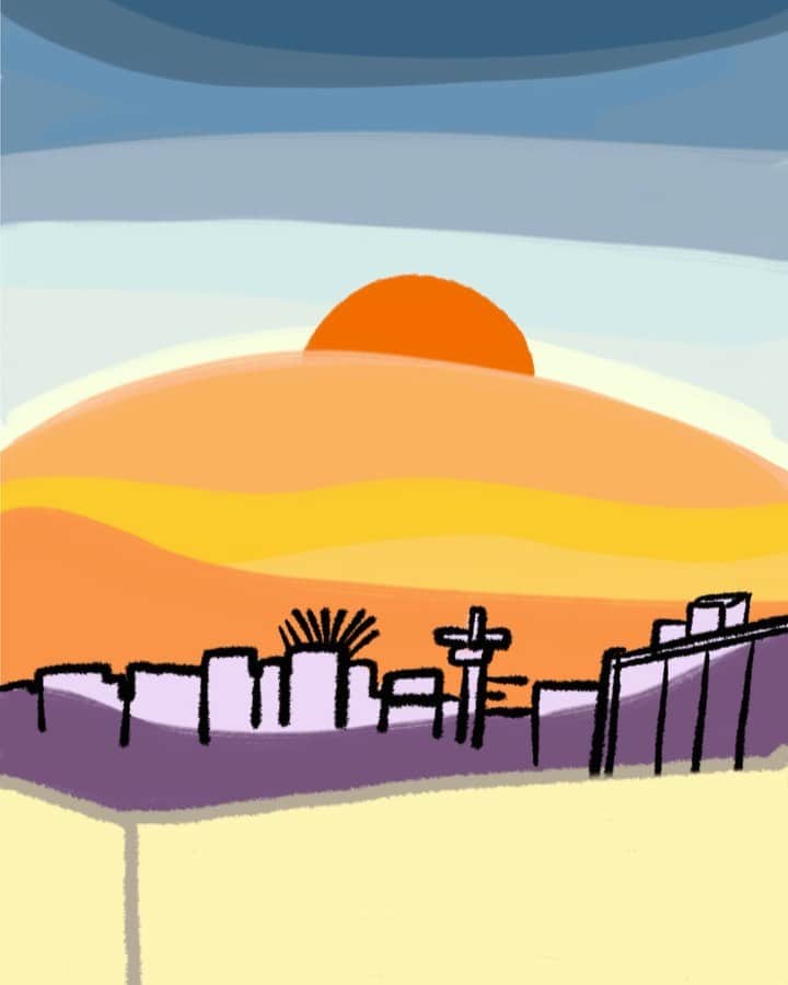 nanamyのインスタグラム：「🌞🕺DANCE till the SUNRISE 🕺🌞 Inspired by @forestbathingjp great music night ・ #illustration #gif #mytokyo #cityview #sunrise #drawing」