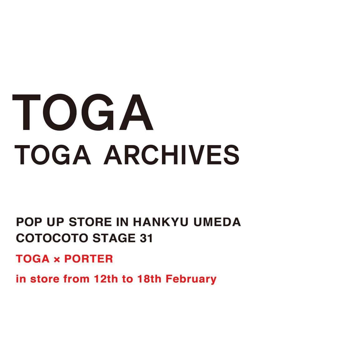 TOGAさんのインスタグラム写真 - (TOGAInstagram)「POP UP STORE IN HANKYU UMEDA  3RD FLOOR COTOCOTO STAGE 31 "LOVE FOR ALL" 2020年2月12日(水)～18日(火）  阪急うめだ本店3階「コトコトステージ31」にて 期間中全国に先駆けPORTER × TOGAのコラボ商品を数量限定発売します。 (※TOGA ONLINE STORE及びTOGA直営店での発売日は3月20日(金)を予定） また期間中西日本阪急限定商品のアクセサリー・バッグ・シューズと メンズラインの「TOGA VIRILIS」のウエアも併せて展開します。 ＜PORTERコラボ及び西日本阪急限定商品に関しまして＞ ・事前予約、通販は不可とさせていただきます。 ・ご来店、お電話でのお取り置きは不可とさせていただきます。 ・PORTERコラボ商品に関してはおひとり様同一品番1色あたり１点までのご購入とさせていただきます。 ・混雑状況により、入場を制限させていただく場合がございます。 ・その他ご不明な点ございましたら阪急うめだ本店「TOGA」 (06‐6313-0574)までお問合せください。」2月8日 11時27分 - togaarchives