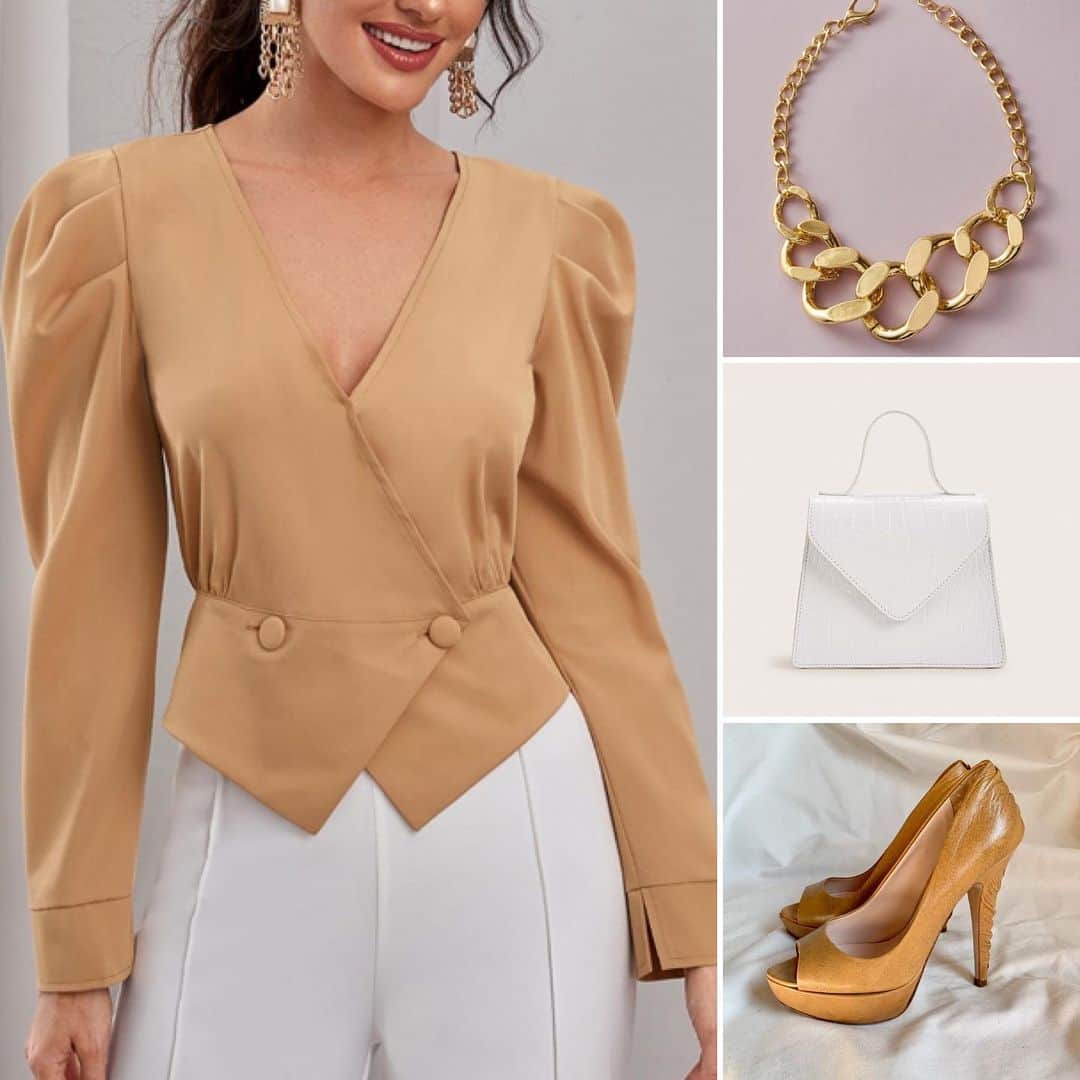 coordinateshopのインスタグラム：「Beige ❤︎ . チューリップ裾ダブルボタンパフスリーブブラウス 5,440円 クロックエンボスフラップサッチェルバッグ 3,960円 チェーンネックレス 1,730円 Heel: miu miu」