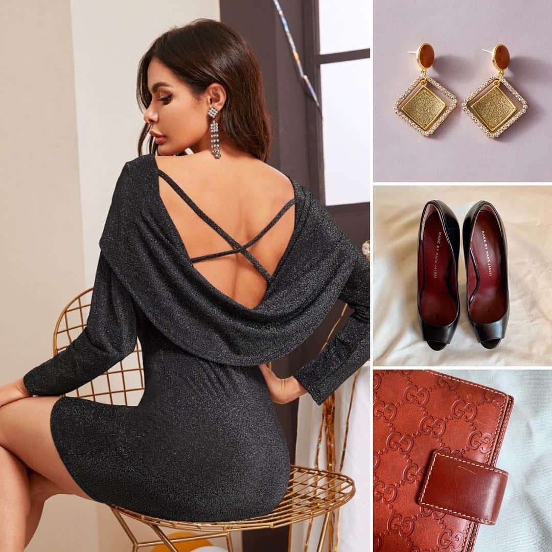 coordinateshopのインスタグラム：「ワーキングレディ📃  グリッタークリスクロスバックボディコンドレス 5,690円  1ペアラインストーン刻印＆グリッター菱形ドロップピアス 1,480円  Heel: Marc by MARCJACOBS  @marcjacobs  Notebook: Gucci @gucci」