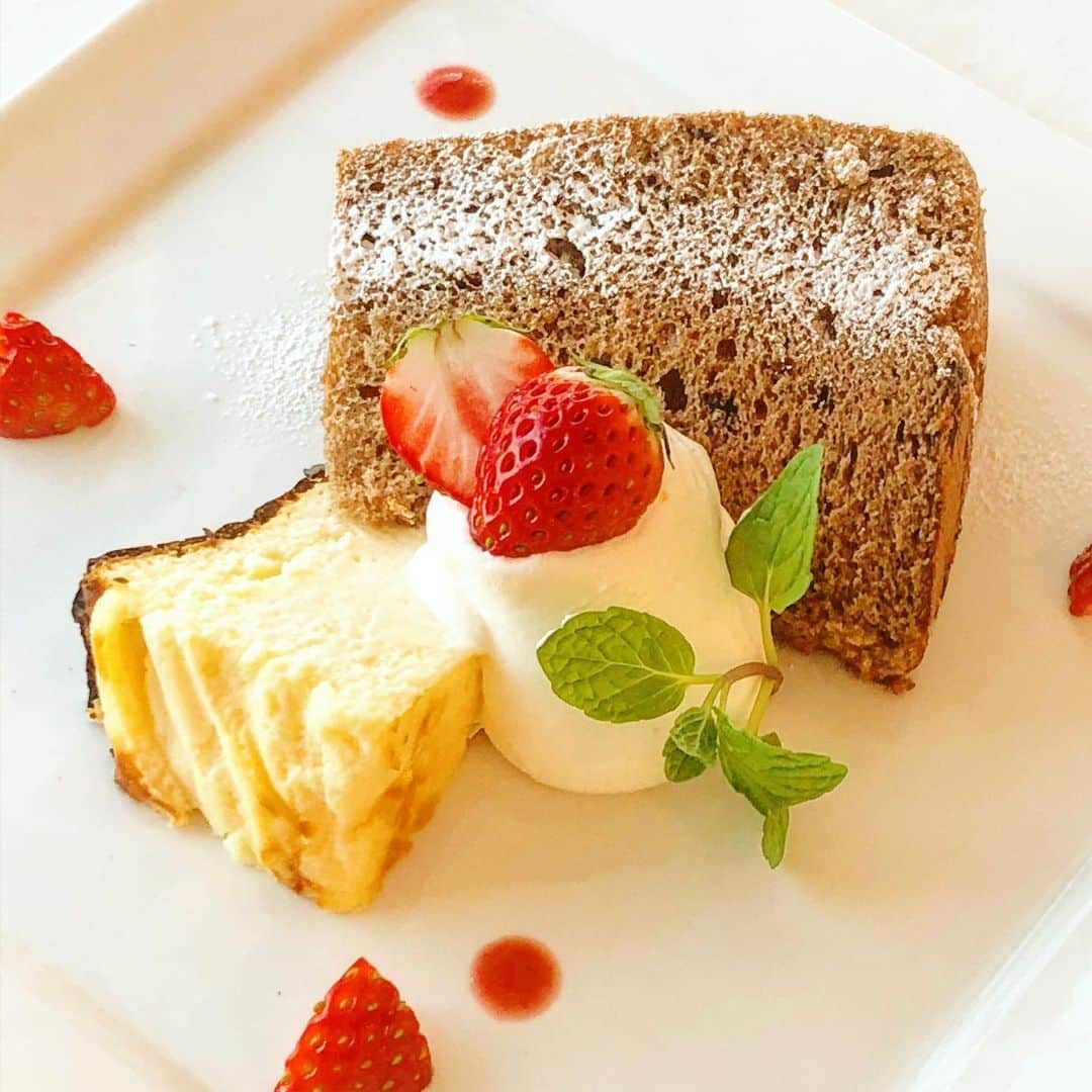 ケーキ&カフェ 海風堂のインスタグラム：「カフェからのお知らせ🎵 バスクチーズとチョコシフォンのデザート❣️平日限定プレートのデザートです✨バスクチーズはイートインの為に焼き上げましたので、とろーり柔らか😊ホワイトデーまではこちらのデザートをおだししてまいります😆 #市川#市川大野#海風堂#カフェランチ#バスクチーズ#シフォンケーキ#デザートプレート」