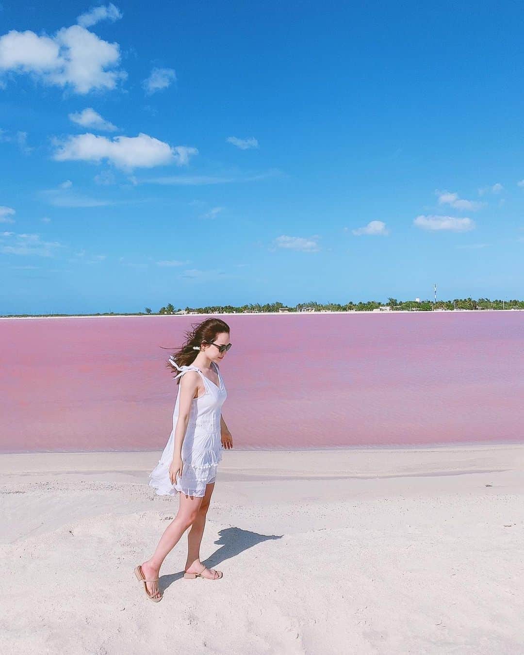 関根理紗さんのインスタグラム写真 - (関根理紗Instagram)「世界にいくつかピンクレイクってあるけど、初めて行った✌️✌️ めちゃくちゃ強風だったから歩くの大変だった笑  ほんとにちゃんとピンクで地球の不思議感じた🌏  このピンク色に欠かせないのがバクテリアと太陽と風なんだって🌵  塩になるとピンクじゃなくなっちゃうの不思議。 ピンクのお塩が買いたかった🥺  青ピンク白可愛い🥰  #pinklake #mexico #ピンクレイク　#地球の不思議　#死ぬまでにみたい絶景」2月10日 17時46分 - sekine.risa