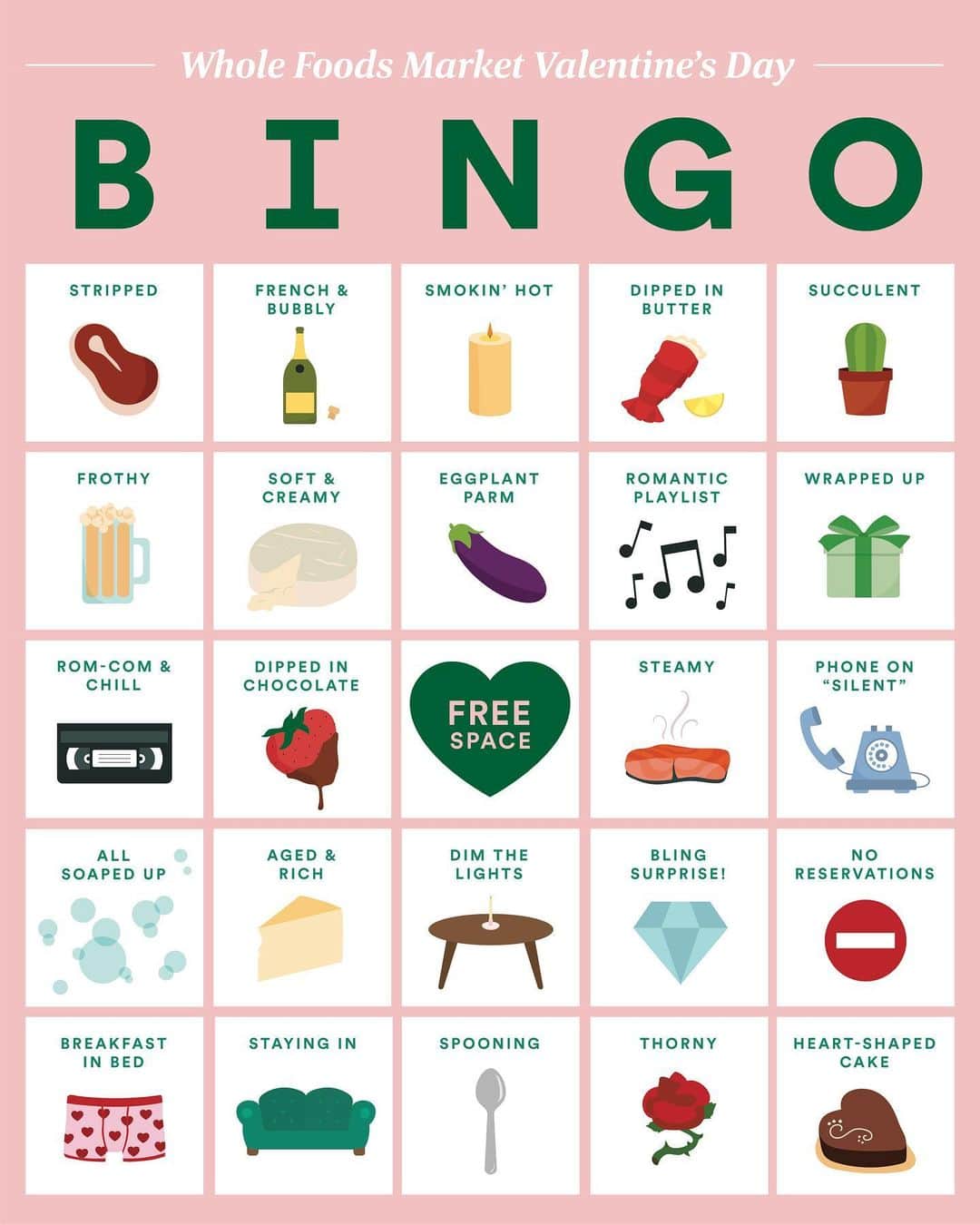 Whole Foods Marketさんのインスタグラム写真 - (Whole Foods MarketInstagram)「Time for some Valentine’s Day bingo! 💕 Get ready for Friday and check the squares that describe your special night.」2月11日 1時51分 - wholefoods