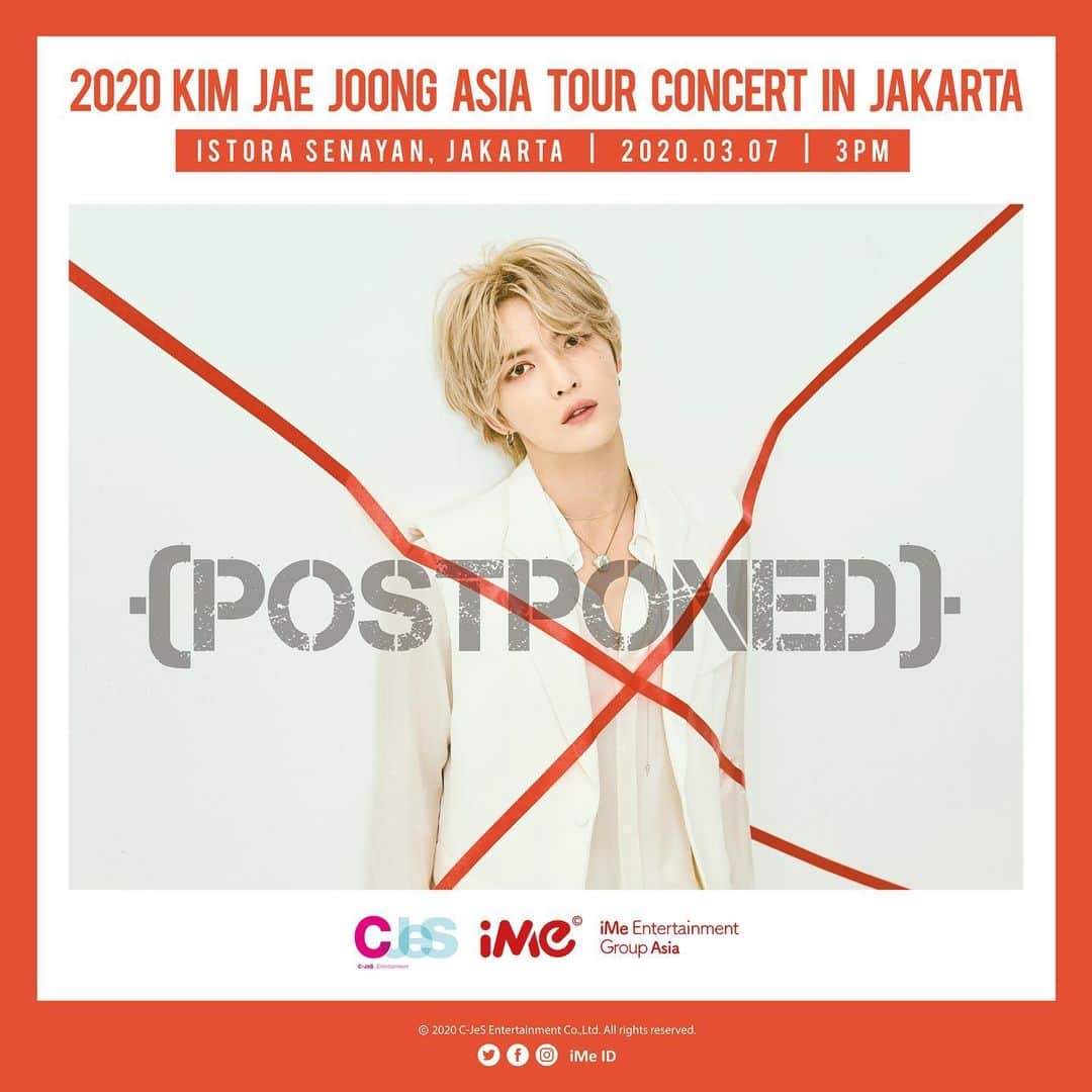 C-JeS エンタテイメントさんのインスタグラム写真 - (C-JeS エンタテイメントInstagram)「"2020 KIM JAE JOONG ASIA TOUR CONCERT IN JAKARTA" Concert Postponement Notice  To prevent the spread of the new coronavirus, after discussion ”2020 KIM JAE JONG ASIA TOUR CONCERT IN JAKARTA" concert which was scheduled on 7 March 2020 3PM at Istora Senayan will be postponed. The new concert date will on 2 May 2020 at 8PM at Tennis Indoor Senayan.  We ask for your understanding that this decision is made with the safety of the artist and audience as our top priority. Ticket buyers can attend the concert on a later date with the current ticket. However, if you are unable to attend the concert for the postponed schedule, you can get a refund for your tickets.  For more information, please check out iMe official SNS page, the organizer of overseas concerts. https://www.instagram.com/ime_indonesia/  We sincerely apologize for the inconvenience and thank you for your understanding. We look forward to meeting you at the concert with your continued support.  2020 KIM JAE JOONG ASIA TOUR CONCERT IN JAKARTA 공연 연기 공지  신종 코로나바이러스의 확산을 방지하고자 2020년 3월 7일 오후 3시에 인도네시아, 자카르타 Istora Senayan에서 진행 예정이었던 ‘2020 KIM JAE JOONG ASIA TOUR CONCERT IN JAKARTA‘공연은 소속사와 해외 공연 주관사가 함께 상의한 결과 고심 끝에 부득이하게 연기됐음을 알려드립니다. 새로운 공연일시는 2020년 5월 2일 오후 8시로 Tennis Indoor Senayan에서 열릴 예정입니다.  아티스트 및 관객의 안전을 최우선으로 고려하여 결정한 사항임을 양해 부탁드리며, 따라서 티켓 구매자들은 현 티켓 부킹 번호로 향후 연기된 일정에 맞춰 콘서트 참석이 가능합니다. 다만 연기된 일정에 맞춰 콘서트 참석이 어려울 경우 예매하신 티켓을 환불받을 수 있습니다.  더 자세한 내용은 해외 공연 주관사인 iMe 공식 SNS 페이지에서 확인 부탁드립니다 https://www.instagram.com/ime_indonesia/  불편을 끼쳐드린 점 진심으로 사과드리며 양해해 주셔서 감사합니다. 여러분의 꾸준한 성원과 함께 콘서트에서 여러분들을 만날 수 있기를 기대합니다.」2月25日 20時32分 - cjes.tagram