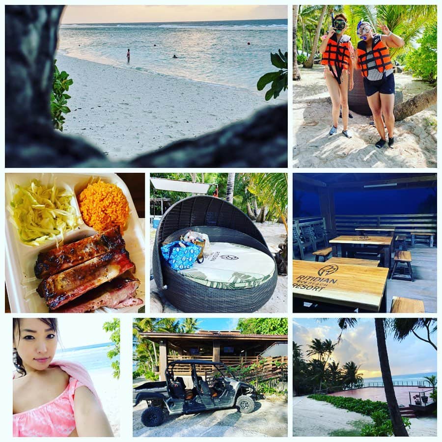 MAYUMIのインスタグラム：「GUAMの海に遊びに行くなら絶対ここ↓  https://www.ritidianecobeachresort.com/  #ritidianbeach #ritidianecobeachresort  全てにおいて充実していたビーチでした🏖  シャワーやテーブル、ソファー、使うもの全てキレイ🙆‍♀️ 海を見ながらの食事も美味しい🍽👀🏖 #sea #ocean #yummy  あと、スノーケルを使っての水中遊びはほんとに最高♡すぐ近くに魚たちがいて、一緒に泳いだ気分になれましたyo🐟🐠🐡写真すごい格好してます🤣  さらにデコボコ道を思いっきり走るという、アトラクション気分のドライブは最高に楽しかった🙌🚙✨ #guam #fun」