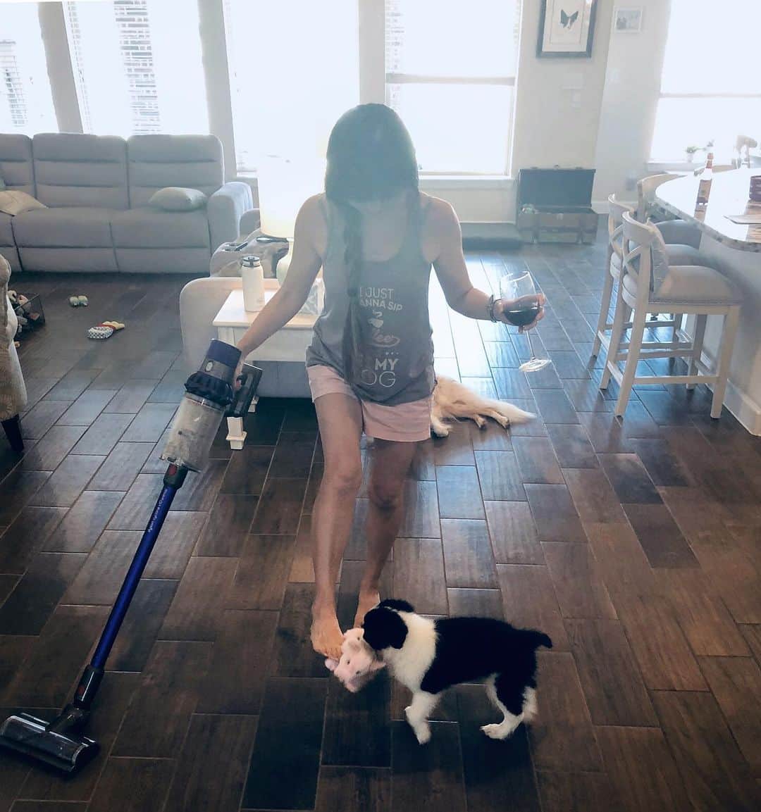 Jazzy Cooper Fostersさんのインスタグラム写真 - (Jazzy Cooper FostersInstagram)「This is still a good representation of my everyday life. (Not staged) Doing chores, playing with the puppies, and hydrating myself at the same time. 🐶🍷🧹」2月26日 0時25分 - bordernerd