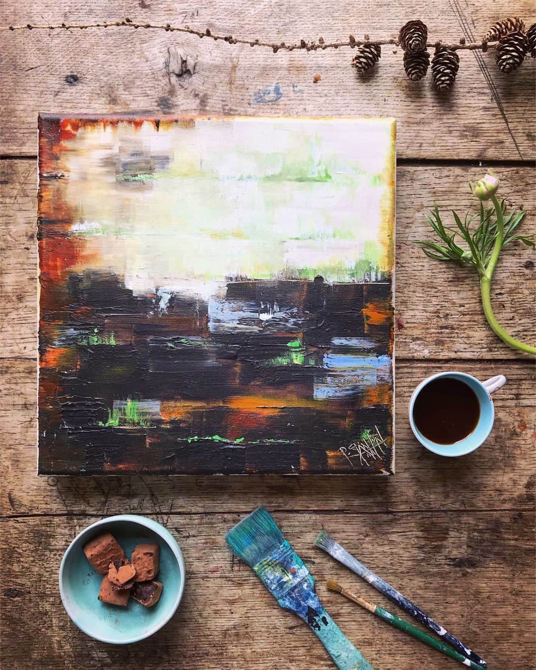 Tea and sittingのインスタグラム：「🤎...🧠🗯This is one of my paintings showing the ‘Taste of @boojabooja Champagne Truffles’ which I painted a few years ago and that I talk about in my Live story today...I’ve actually decided to start uploading my Live talking rambles onto IGTV so you can listen to me getting interrupted and distracted whilst taking you through this painting and eating the chocolates! I also talk about the whisky painting ( which you can see on this post if you swipe across ) and their different journeys inside my head...and if that wasn’t enough Cheeks makes an appearance and won’t let me go!!😸 P.S apologies for the lack of cover photo on my IGTV...can’t work out how on earth to change it! 🤯😆 ) #synaesthesia #synesthesia #synaesthesiaart #synesthesiaart #synaesthesiaartist #synesthesiaartist #boojaboojachampagnetruffles #boojaboojatruffles #boojabooja #artby5ftinf #brightonartist」