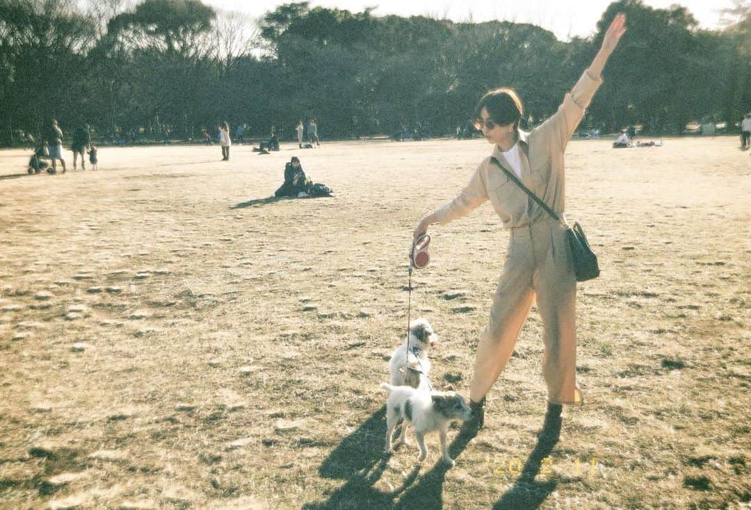 ソンイのインスタグラム：「家族との心ぽかぽか時間☀️🌳🐶👦🏻﻿ ﻿ ✔️オールインワン: @cotorica.official﻿ ✔️足袋ブーツ: @maisonmargiela﻿ ✔️バック: @celine﻿ ✔️Tシャツ: @hanes_japan﻿ ✔️サングラス: @rayban﻿ ✔️ピアス: @unchained.jp」
