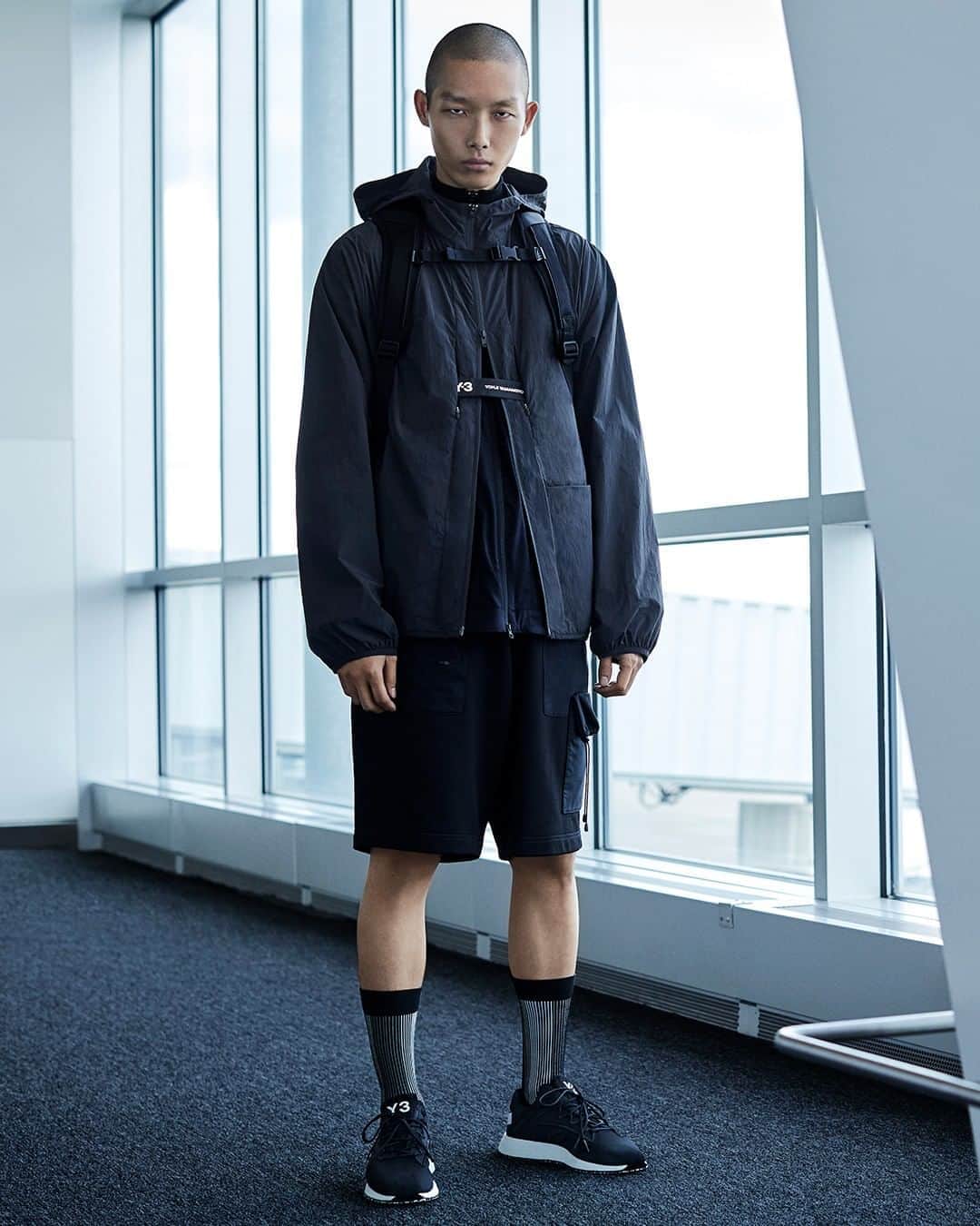 ワイスリーのインスタグラム：「Y-3 Travel Adizero Track Jacket and Nylon Parka, Y-3 Travel Pique Shorts, Y-3 Backpack, Y-3 Rib Sock and Y-3 RAITO RACER.  Y-3 Spring/Summer 2020. --- #adidas #Y3 #YohjiYamamoto Discover the collection at adidas.com/y-3」