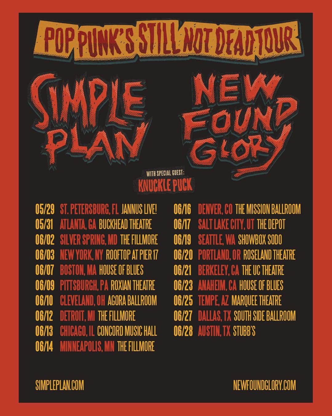 Simple Planさんのインスタグラム写真 - (Simple PlanInstagram)「It’s officially happening! 🙌🏻🙌🏻🙌🏻 We’re going on tour with @newfoundglory and @knucklepuckil this summer! 👊🏻👊🏻👊🏻 Pre-Sale for tickets, VIP pizza Parties (where you get to hang and take photos with both bands) and VIP Main Event (where you get to come backstage to meet us and watch our show on stage) is happening now at simpleplan.com 🤘🏻⚡️🤘🏻 Use the code PPND What show are you coming to??? May 29: St. Petersburg, FL May 31: Atlanta, GA June 2: Silver Spring, MD June 3: New York,NY June 7: Boston,MA June 9: McKees, PA June 10: Cleveland, OH June 12: Detroit, MI June 13: Chicago, IL June 14: Minneapolis, MN June 16: Denver, CO June 17: Salt Lake City, UT June 19: Seattle, WA June 20: Portland, OR June 21: Berkeley, CA  June 23: Anaheim, CA June 25: Tempe, AZ June 27: Dallas, TX June 28: Austin, TX」2月12日 4時12分 - simpleplan