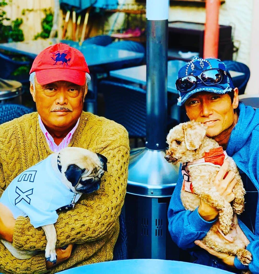 マイケル富岡のインスタグラム：「宇佐美会長とハチとドッグミーティング♡モコは大好きなハチから目を離さない…強烈なラブなのです #息子 #日常の幸せ #溺愛 #家族 #ベイビー #モフモフ #フワフワ #トイプ #マイケル富岡 #俳優 #タレント #ハーフ #愛犬家 #愛犬 #actor #actorslife #shooting #mybaby #mylove #family #love #youaremyeverything #impactdogcratesmarjun #でかめトイプ #irina会長 #hachi」