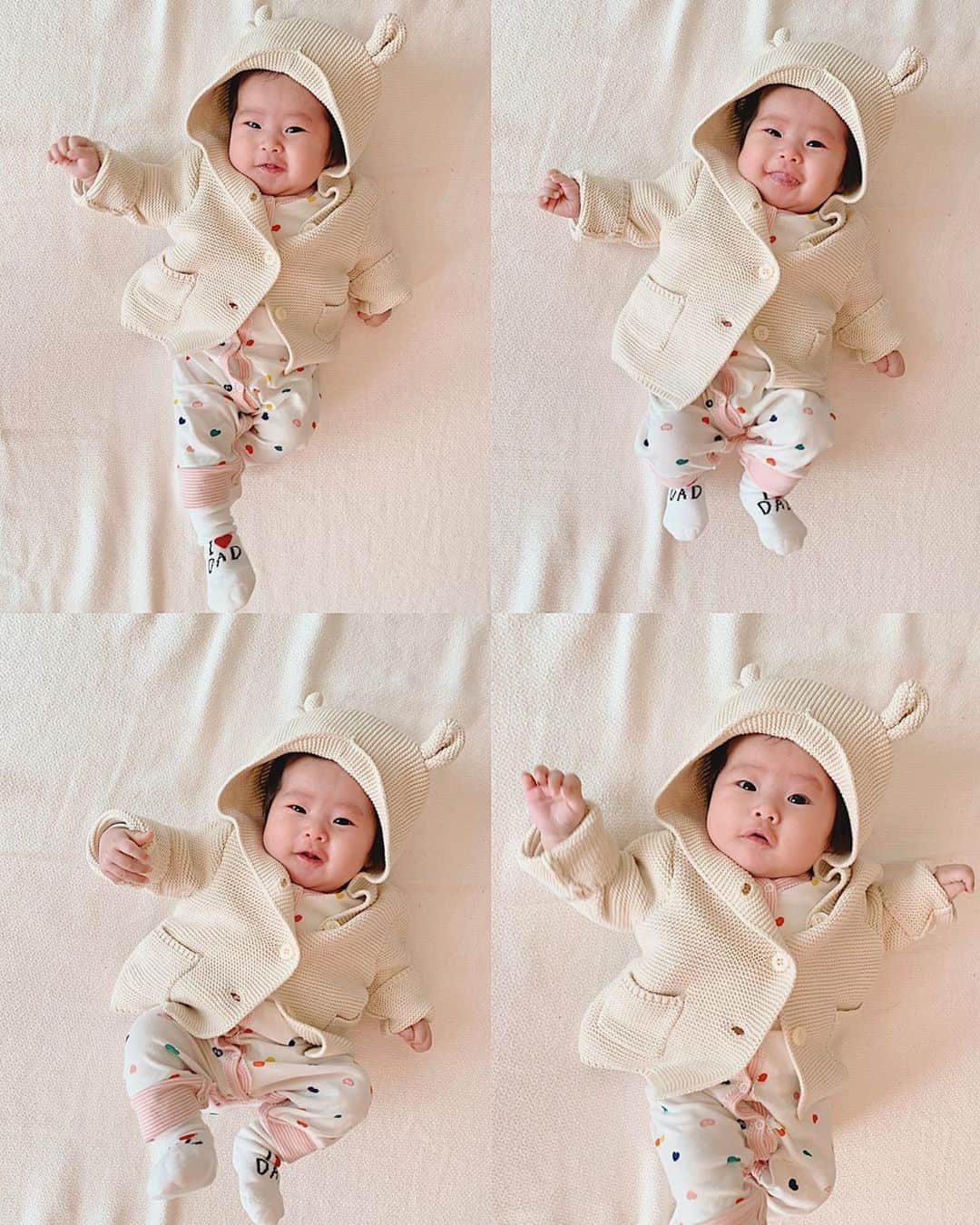 来夏さんのインスタグラム写真 - (来夏Instagram)「#👶🏻 最近お返事も表情も豊かで 楽しいです🥰 このひょうきんな笑顔がだいすき😚  私のオリジナルソングや替歌も レパートリーが増えてます🥳 消化を促すときは グルグルグルグルグルコサミン〜🎶😂 といってお腹をさすると調子が良い👌🏽 _  今離れてがんばってるパパに I❤️DADの靴下はいて パワーを送ってます☺️👊🏽 _  左下の写真の右手が 肩組んで誘ってる感..ツボ😂  #生後2ヶ月 #2monthsold  #女の子ママ #ワンオペ育児  #コドモノ #ベビフル」2月12日 16時11分 - rairairaika