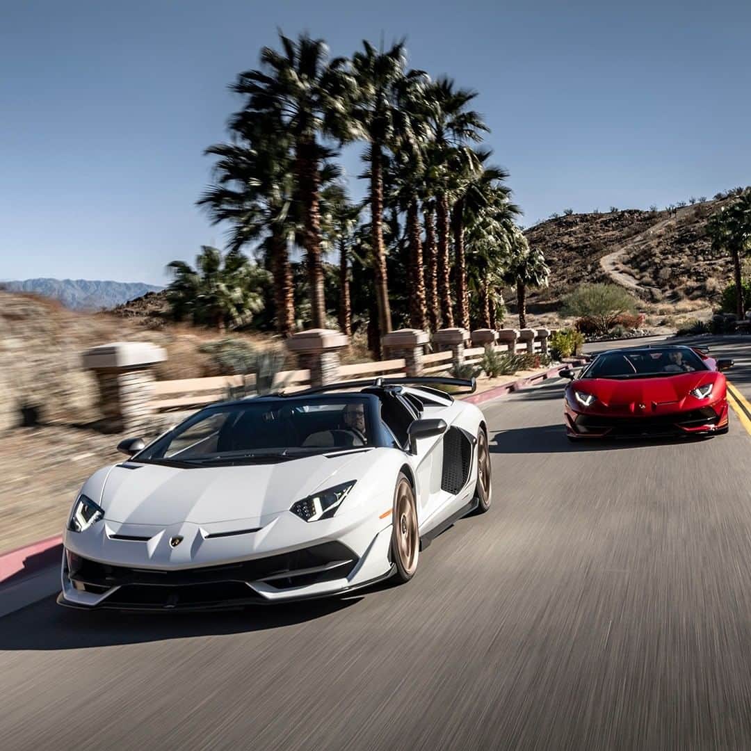 のインスタグラム：「Colors breathe life into the world and vibrancy into emotions.  Which version of the Aventador SVJ Roadster would you choose: the fiery Rosso Efesto or the enchanting Bianco Isi?  #Lamborghini #AventadorSVJRoadster #ColorItUnique」
