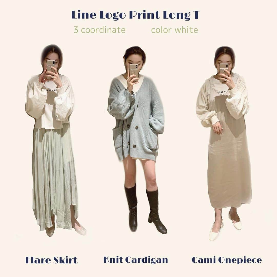 mina hinokuchiのインスタグラム：「. お気に入りの袖にロゴが入ったロンT ホワイトを使って3コーデの着まわし🌼 丈も長すぎず色んなコーデに使えるのが嬉しい☀︎ . #whoswhochico #salonbychico #フーズフーチコ」