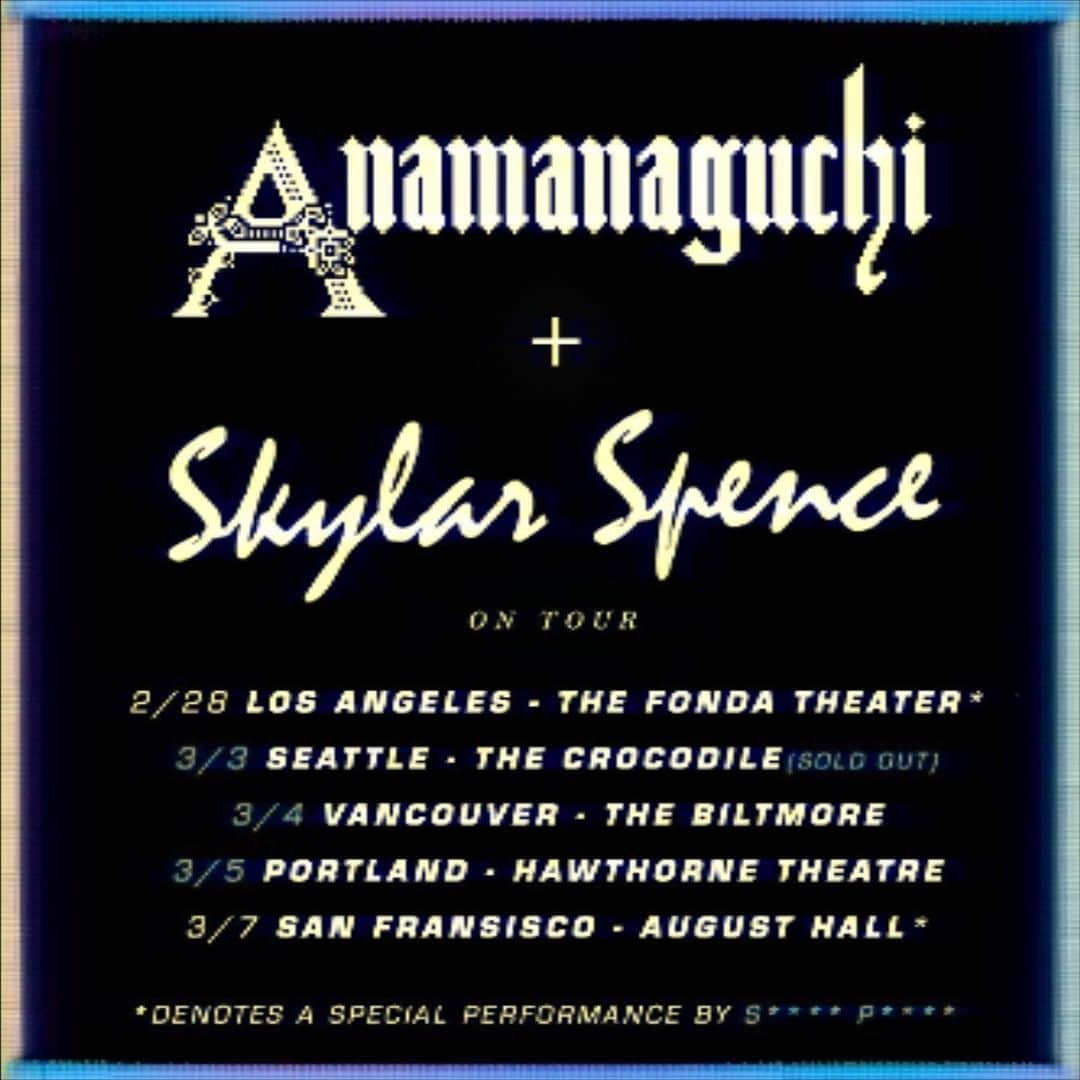 Skylar Spenceのインスタグラム：「SURPRISE! I’m taking the road on once more with @anamanaguchi_official , with feeling! And we are not traveling thru time as some have asked! Please come out, would love to see you all 😍 ticket link in bio」