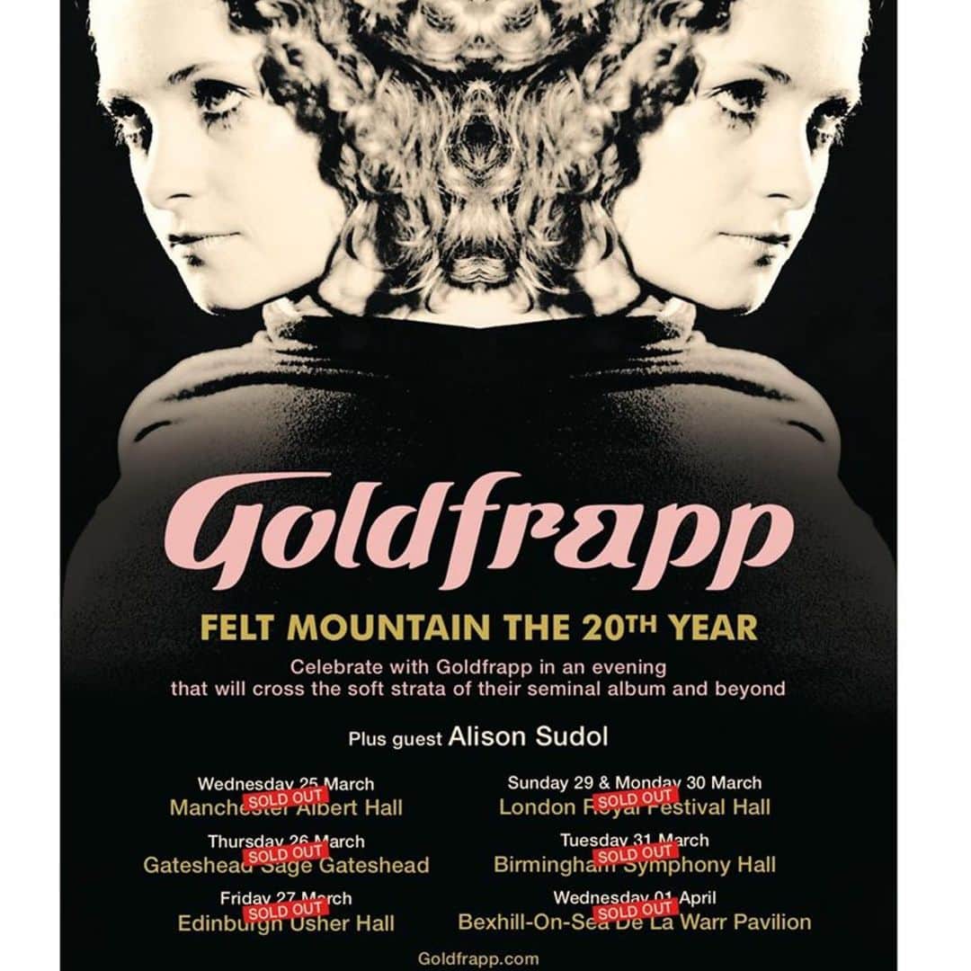 ファイン・フレンジーのインスタグラム：「utterly overjoyed (and a little overwhelmed) to announce that I will be joining the extraordinary @goldfrappmusic on the sold out ‘Felt Mountain: 20th Year Tour’ in the  UK next month 🍌🍌🍌🍌🍌🍌this is a real life dream. i am over the moon and deeply honored, because I, and most people I tell this news to, think @goldfrapp is ☄️☄️☄️☄️✨✨✨✨✨ so yes, there are no words, it’s surreal....just more banana emojis.... love you guys, see you there x x x 🍌🍌🍌🍌🍌🍌🍌 ・・・ The 'Felt Mountain: The 20th Year' Tour begins in just over a month and we’re thrilled to announce that @alisonsudol will be supporting the main dates. Tickets are SOLD OUT apart from our recently announced warmup show at @o2academyoxford on 23rd March. Grab your tickets using the link in our bio while they last.  #Goldfrapp #FeltMountain20thYear #FeltMountain2020」