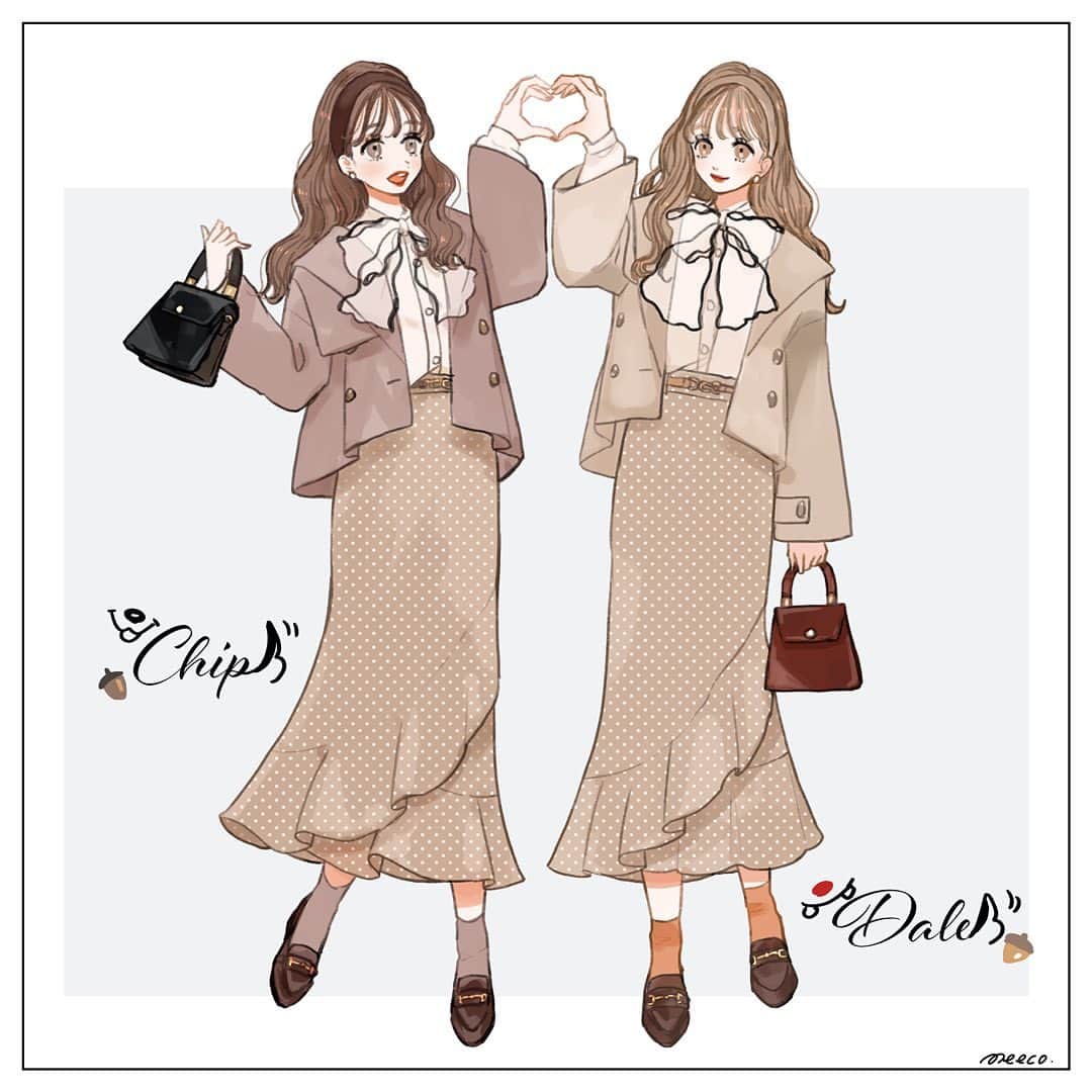 みーこさんのインスタグラム写真 みーこinstagram チプデイメージコーデ バレンタインなのでちょっと甘めに イラスト ファッション ファッションコーデ ファッションイラスト ドナデジ チップとデール チップ デール 春コーデ
