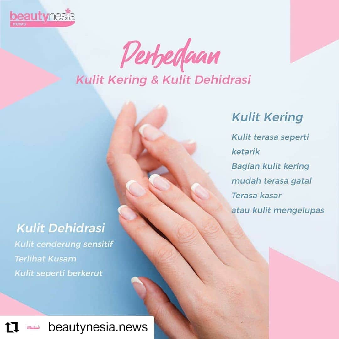 のインスタグラム：「#Reposted from @beautynesia.news  Ngaku deh, siapa yang sampai saat ini masih beranggapan kalau kulit kering itu sama kaya kulit dehidrasi. Oh nooo😱😱! Itu salah ya Beautynesia Babes ! Biasanya kulit dehidrasi muncul karena kurangnya kadar air sedangkan kulit kering disebabkan karena produksi minyak yang sedikit. ⁣ ⁣ Nah kalo kamu lagi ngerasa yang mana nih ? kulit kering atau kulit dehidrasi?⁣ ⁣ Jangan sampai terbalik yaaaa hihihi 😉💗✨ ! ⁣ ⁣ ------------------⁣ ⁣ #Glowing2020 #BeautynesiaNews #KulitGlowing #KulitDehidrasi #KulitKering #PenyebabKulitKering #PenyebabKulitDehidrasi #TipsKecantikan #TipsCantik #jenisKulit #KulitKasar #BeautyTips #BeautyHacks #SkincareRoutine」