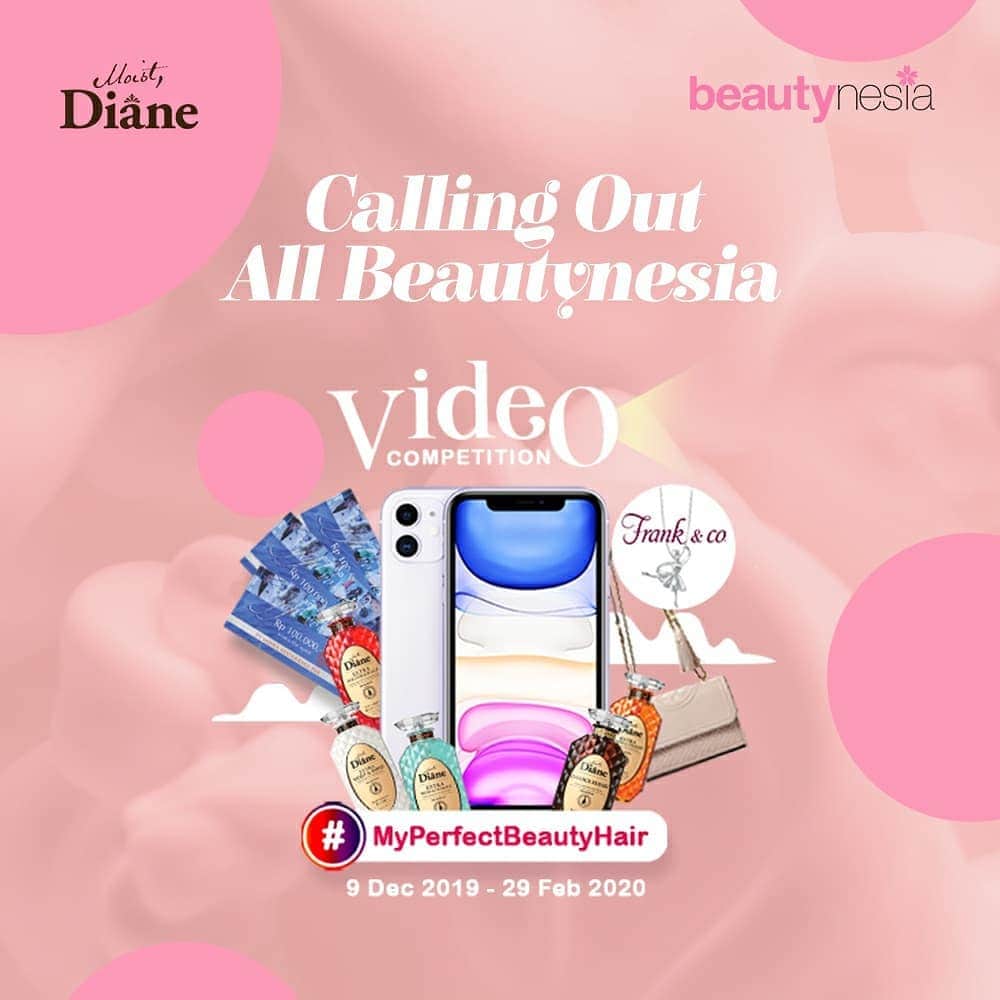 のインスタグラム：「Apa sih makna Perfect Beauty Hair buat kamu? Yuk sharing dan saling menginspirasi satu sama lain dengan bikin video #MyPerfectBeautyHair versi kamu, dan menangkan hadiah iPhone 11, Kalung Frank & Co, Tas Tory Burch dan Voucher MAP.  Mau ikutan? Simak caranya yuk!  1. Follow @Beautynesia.id dan @moistdianeid  2. Bikin video review tentang Moist Diane Shampoo, dan upload di Instagram kamu 3. Tag juga @moistdianeid dan gunakan hashtag #MoistDianeID #MoistDianeVideoCompetition #MyPerfectBeautyHair 4. Jangan lupa ajakin teman-teman kamu juga ya!  Kompetisi ini berlaku sampai 31 Maret 2020.  #Beautynesia #BeautynesiaID #Giveaway #giveawaybeautynesia」