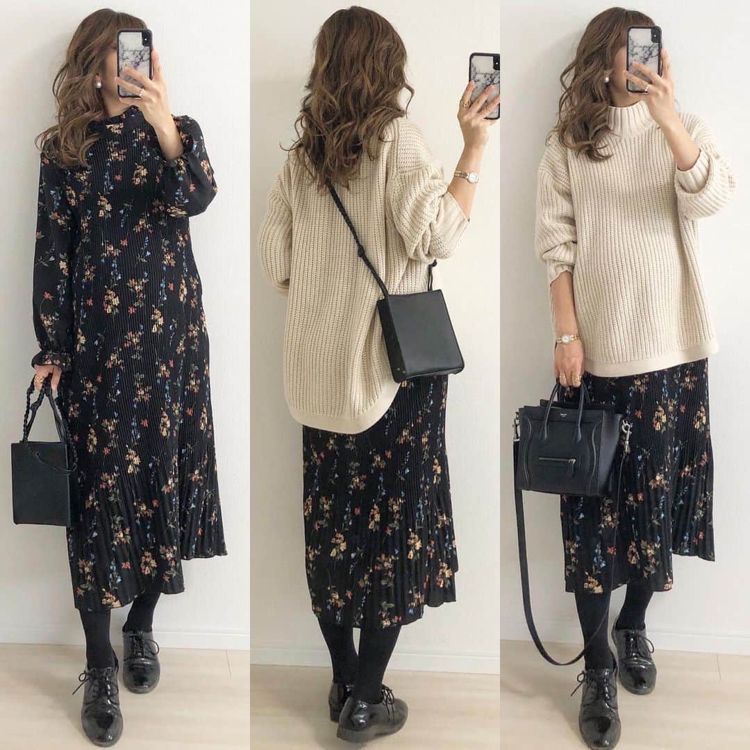 Miyoのインスタグラム：「2020.2.14 ・ アウターいらずの暖かさ🌸 ニット×春物ワンピがちょうどいい☺️ 165cmでふくらはぎの真ん中あたりの丈感なので、妊婦さんが着ても丈が短くなりすぎないのでオススメです♡ ・ #ハーフネック小花柄プリーツワンピース　…#fifth#fifthtl#フィフス　@fifth_store ニット・オックスフォードシューズ…GU #デザインショルダースマホバッグ　…#EditSheen#エディットシーン　@editsheen_store バッグ…celine ・ ストーリーズに質問をたくさんありがとうございます☺️後ほどお返事していきます🙏🏻 コーデ詳細はブログに書いてます✍🏻♥️ ・ ・ ・ #bag#バッグ#高身長コーデ#今日のコーデ#春コーデ#カジュアル#花柄#ワンピース#ニット#マタニティ#マタニティコーデ#妊婦#妊婦コーデ#ぷんにー#妊娠9ヶ月#妊娠後期#ママコーデ#ママファッション#プチプラコーデ#プチプラファッション#シンプルコーデ#カジュアルコーデ#大人カジュアル」