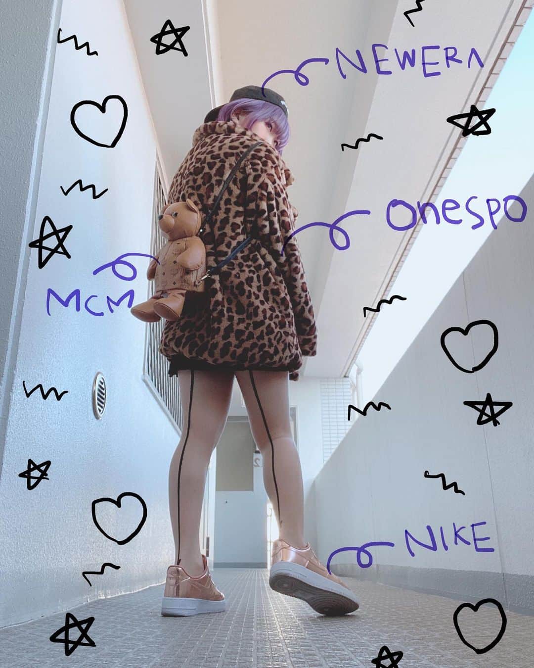 RINGOのインスタグラム：「🧸🧸🧸 おにゅーくまたん😚🥰🧸 • ✔︎キャップ #NEWERA ✔︎アウター #onespo ✔︎リュック #MCM ✔︎スニーカー #NIKE • • #凛子ーでぃねいと」