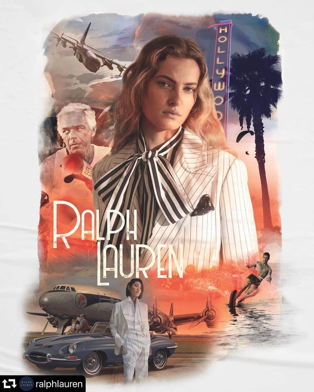 小椚ちはるのインスタグラム：「Ralph Lauren spring 2020 collection❣️ #repost @ralphlauren ・・・ A Cinematic Vision of Style. Presenting The Spring 2020 Collection. "When I design a collection, I have a heroine in mind. She is the star of my movie and expresses what I have to say. I study her character, and I create for her and through her." — Ralph Lauren  Featuring #FeliceNovaNoordhoff in a double-breasted pinstripe jacket tailored in Italy from a lightweight blend of cotton, linen, and silk. Layered with a bow-neck cotton blouse in bold, vintage-inspired stripes. And #ChiharuOkunugi in the new collection’s lacquered cotton twill tuxedo and classic wingtip shirt.  Discover more from #RLCollection Spring 2020 via bio link.  #RalphLauren」