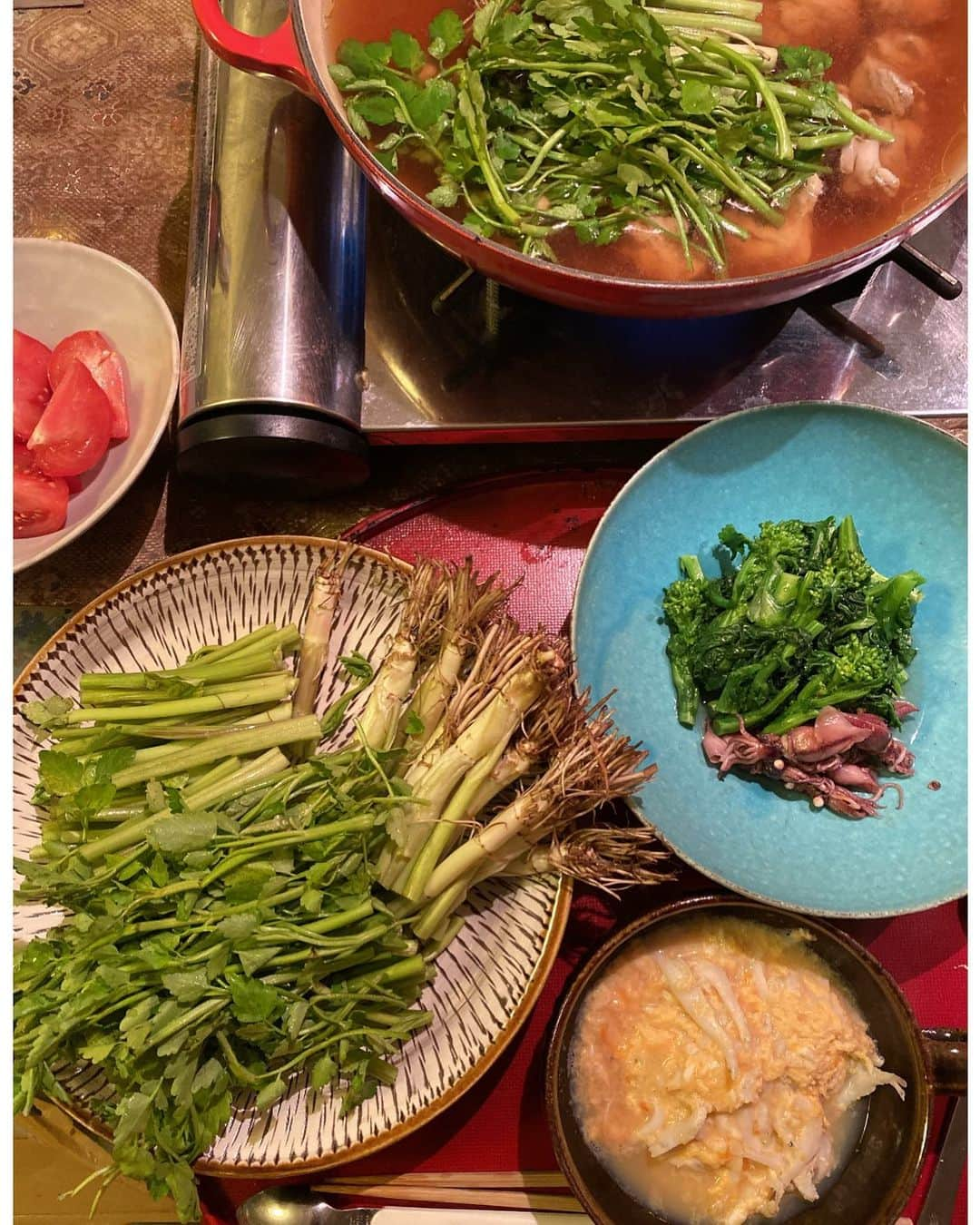 軍地彩弓さんのインスタグラム写真 - (軍地彩弓Instagram)「今日のごはん。 春がおいしいね、シリーズ。 せり鍋、菜の花のお浸し蛍烏賊添え、白魚の卵とじ、トマト。 鍋の最後は蕎麦が定番なんだけど、 お出汁にトマト投入して、トマト雑炊にしたら和風リゾットみたいで 美味しかった^ ^。 うまうまの春ごはん🍚。 #軍地めし #春レシピ  #japanesefood」2月16日 20時39分 - sayumi7