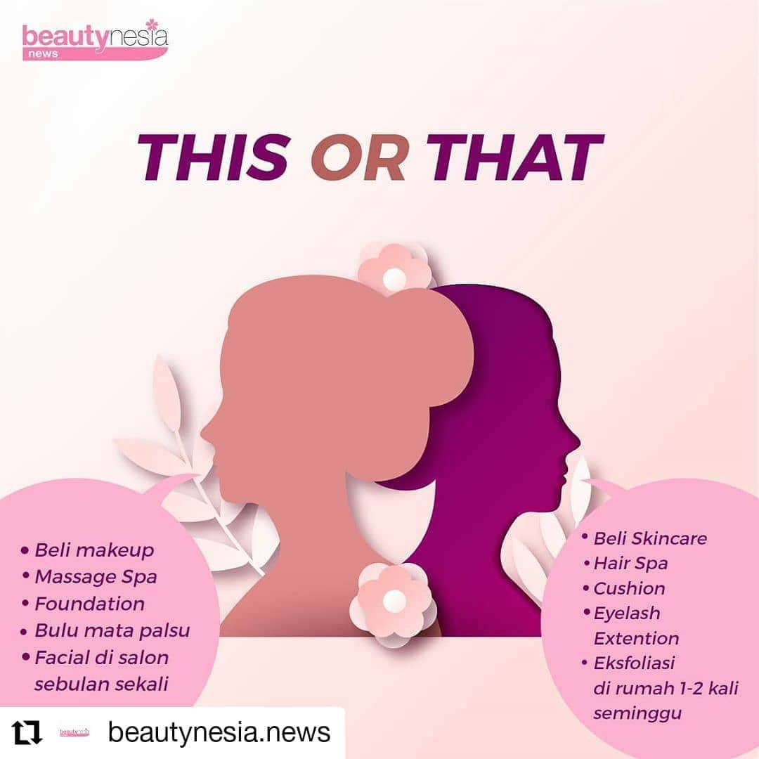 Beauty | Health | Fashionさんのインスタグラム写真 - (Beauty | Health | FashionInstagram)「#Reposted from @beautynesia.news Beautynesia Babes! Setiap hidup pasti selalu ada pilihan. Setuju kan ?⁣ Ada yang pilih mengeluarkan uang lebih untuk membeli makeup atau ada juga yang memilih beli skincare. Ada juga yang memilih facial atau memilih ekfoliasi sendiri dirumah.⁣⁣ ⁣⁣ Well, apa pun pilihan kamu pastikan sesuai dengan kebutuhan kamu, ya ⁣✨⁣ ⁣⁣ Yuk coba jawab satu satu, kamu lebih pilih yang mana ?⁣ ⁣ #Glowing2020 #BeautynesiaNews #ThisOrThat #BeautyTips #BeautyHacks #ThisOrThatGame」2月17日 13時11分 - beautynesia.id