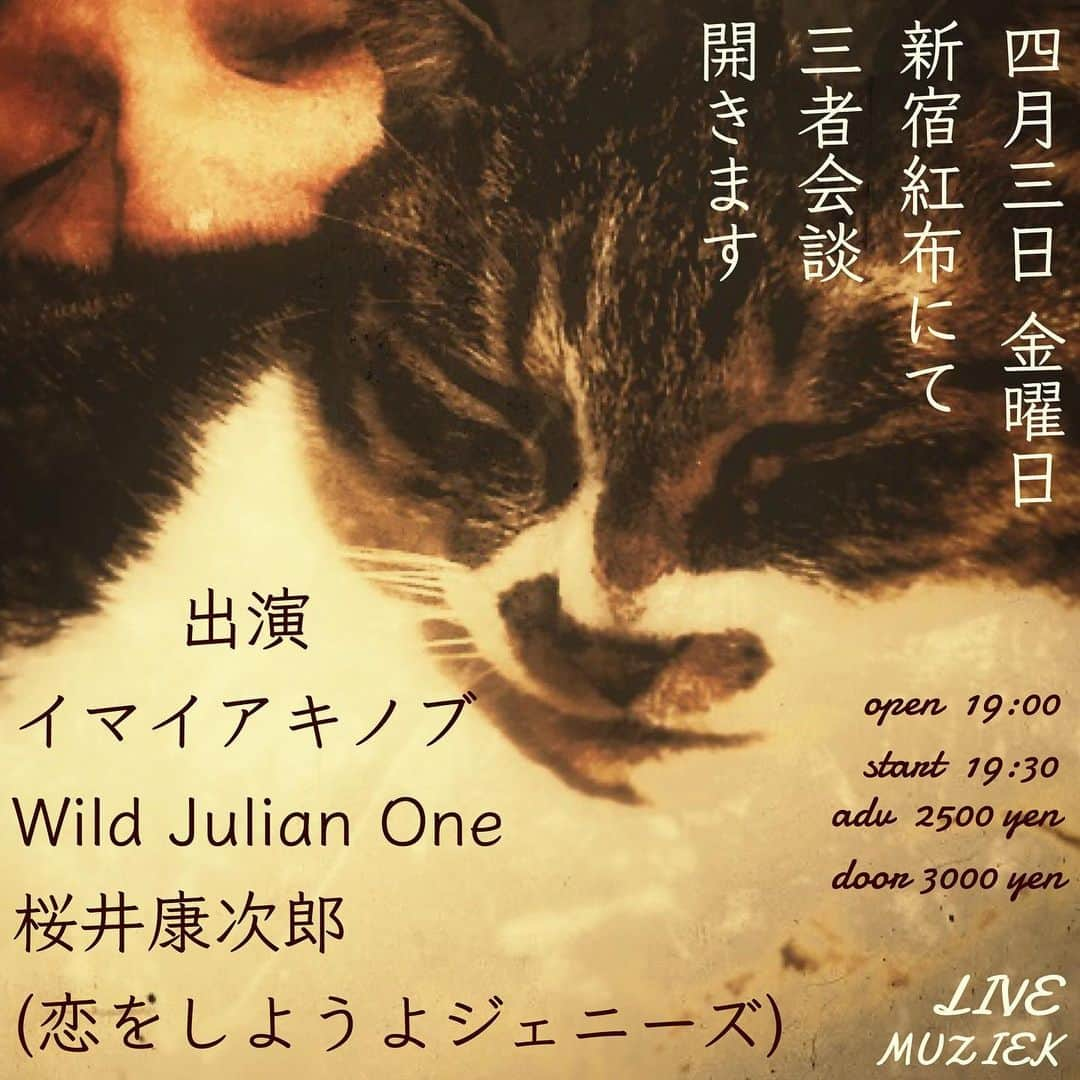 イマイアキノブさんのインスタグラム写真 - (イマイアキノブInstagram)「◆4.3(金) @ 新宿レッドクロス 『三者会談』 ⬗チケット販売中 出演 イマイアキノブ Wild Julian One 桜井康次郎(恋をしようよジェニーズ)  19:00 / 19:30  前¥2500/当¥3000 ＋ドリンク代  チケット LivePocket https://t.livepocket.jp/e/200403  新宿レッドクロス　 新宿区新宿6-28-12 DS新宿ビルB1 TEL&FAX 03-3202-5320  #新宿レッドクロス #三者会談 #桜井康次郎 #wildjulianone  #imaiakinobu  #イマイアキノブ  #livemusic」2月17日 11時54分 - imaiakinobu