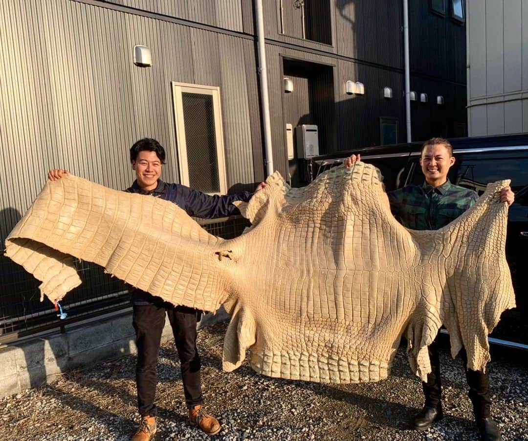 花田優一のインスタグラム：「、 こんなでかい爬虫類の革、見たことない……………🤼‍♂️🤼‍♂️🤼‍♂️#pelle #lether #japan #shoes #cfaftsman #asakusa」