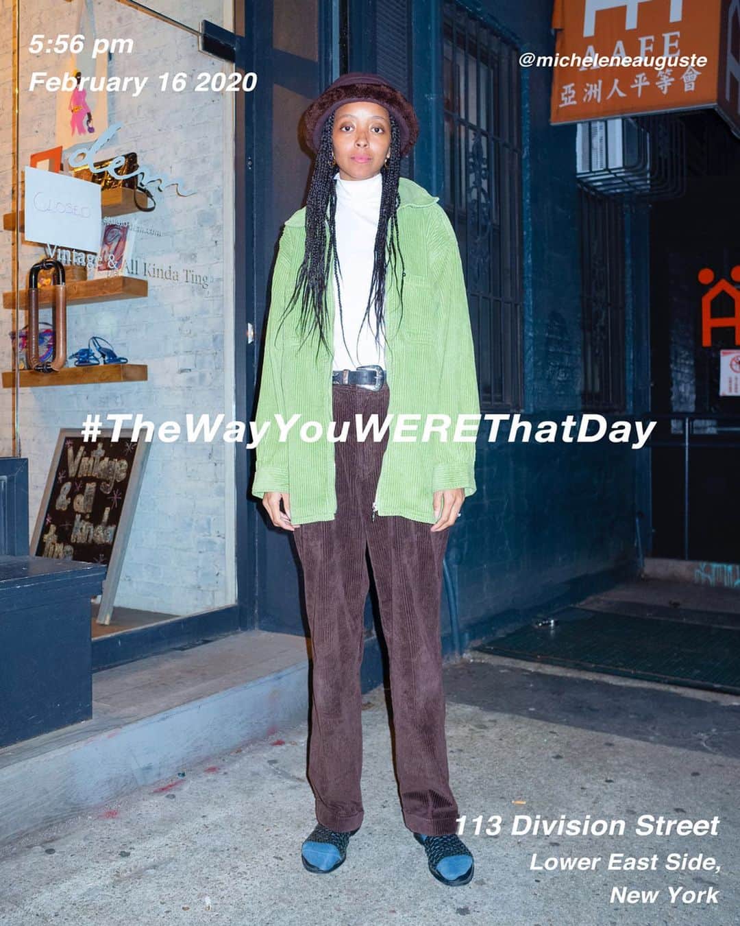 筒井心一のインスタグラム：「@micheleneauguste on 113 #DivisionStreet at 5:56 pm, February 16 2020, #NewYork ﻿ #OutfitOfTheDay = #TheWayYouWEREThatDay #TWYWTD #ShinichiTsutsui」