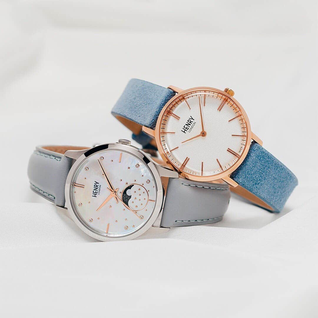 Henry London Official page of Britishのインスタグラム：「Wishing these blue skies will stick around all week 💙 Featuring our pastel blue leather strap moon phase and our blue suede strap Regency. . . . #henrylondon #henrywatches #womenswatches #womensfashion #london #britishdesign #britishbrand #vintage #heritage  #regency #suede #suedestrap #moonphase #moonphasewatch #watchmovement #cosmic #watchmaker #instawatch #horology #mensstyle #zodiacwatch #supermoon #moon #midnight #moonlight #watchaddict #calendarwatch #bluemoon #space」