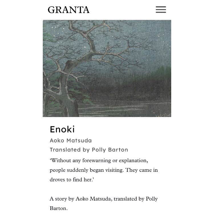 松田青子のインスタグラム：「My short story Enoki, which is from my recent published short stories collection Where The Wild Ladies Are, translated by @pollybukuro, is now appearing in @granta_magazine! How wonderful!」