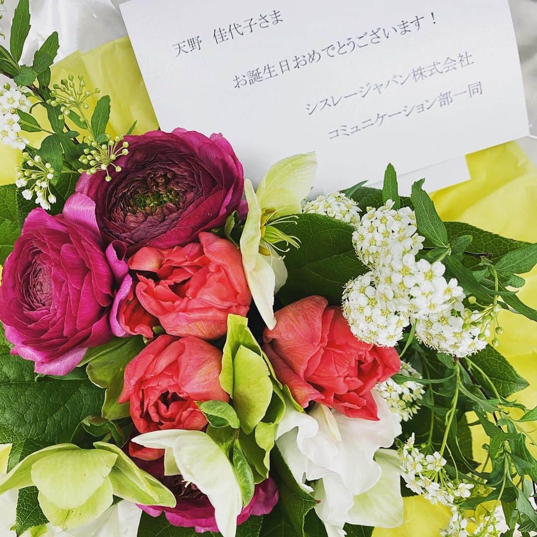 天野佳代子のインスタグラム：「編集部に可憐な花束が届きました。 ・ 昨年、プレスツアーでご一緒させていただいたシスレーさんから送られた、私の誕生祝いの花束です。 ・ 編集部で頭から湯気を出しながらカリカリと仕事をしていた最中のハッピーサプライズ。心がフワッと軽くなりました。 ・ 社長のジェロームさん、PRの郡司さん、お心遣いに感謝します。またお目にかかりたいです。 ・ #シスレー #SISLEY #美的GRAND #美的グラン #美的 #何歳からでも美肌になれる #jdcross」