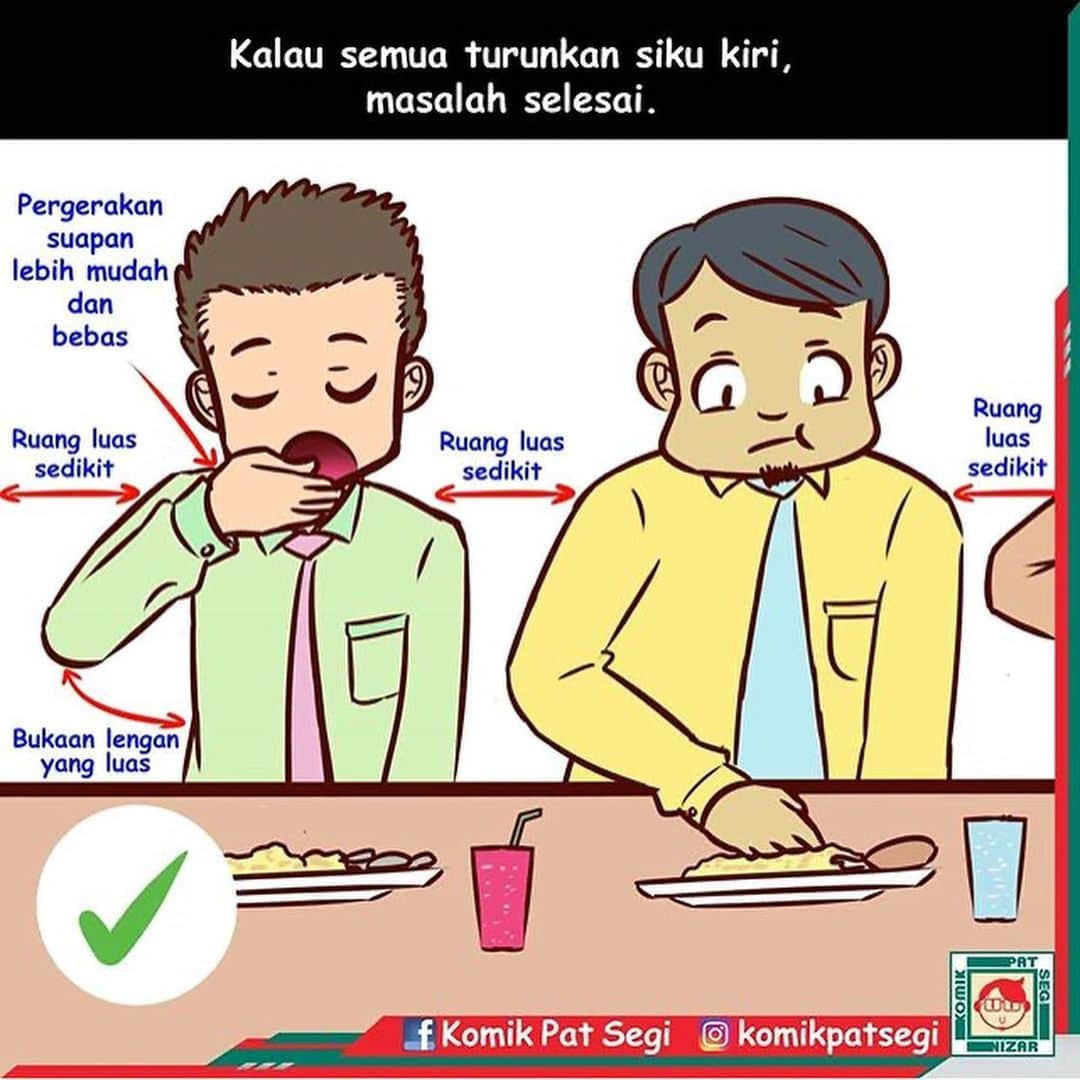 Koleksi Komik Malaysiaさんのインスタグラム写真 - (Koleksi Komik MalaysiaInstagram)「#Repost @komikpatsegi with @get_repost ・・・ Ada tak member korang yg bila makan di meja beramai2 pastu siku kiri dia pun diangkat letak sekali atas meja? Benda ni boleh bagi masalah sebenarnya kat orang sebelah time nak menyuap makanan, terpaksa dikontrol supaya tak terlanggar siku dia tu. Kalau makan beramai2 eloklah pakat2 tangan kiri tu diturunkan supaya orang sebelah kita dapat menyuap makanan dgn sempurna dan tak rasa terkepit. Pikiaq la sikit nooo... p/s : Yang ni tak jadi masalah kalau makan pakai sudu & garfu.  #komikmalaysia  #kartunmalaysia #mememalaysia #instacomic #doodlemalaysia #komikstrip #webcomic #komikm #ilustrasi  #KomikPatSegi #komikindo #komikinajah」2月18日 19時10分 - tokkmungg_exclusive