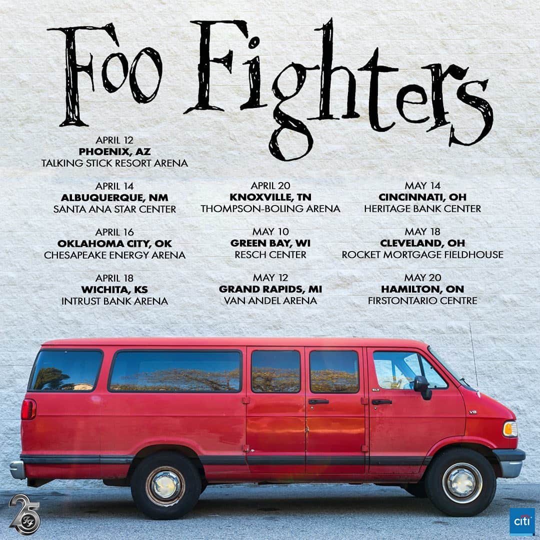 フー・ファイターズのインスタグラム：「ARE YOU READY??? Join the Foos in commemorating their 25th anniversary by revisiting stops along their 1995 tour! IN THE ROUND! 🤘 . Pre-sale begins TODAY at 12pm ET - the password is hitting your inboxes now! Link to tickets in bio. .  Citi Cardmembers - #CitiPresale also begins at 12pm ET. Details at link in bio. . #FF25 #BigRedDelicious」
